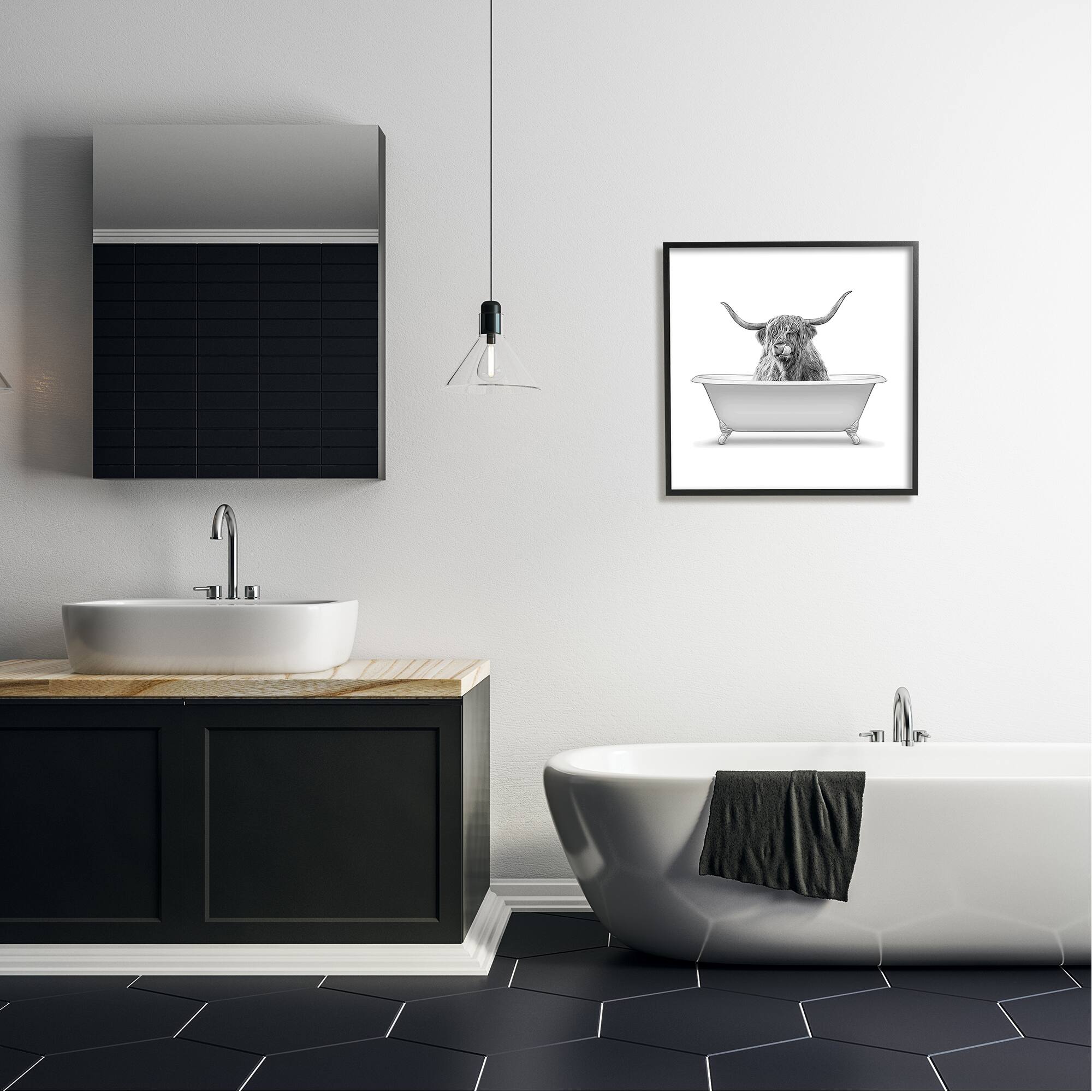 Stupell Industries Longhorn Highland Cow Bath Tub Framed Giclee Art