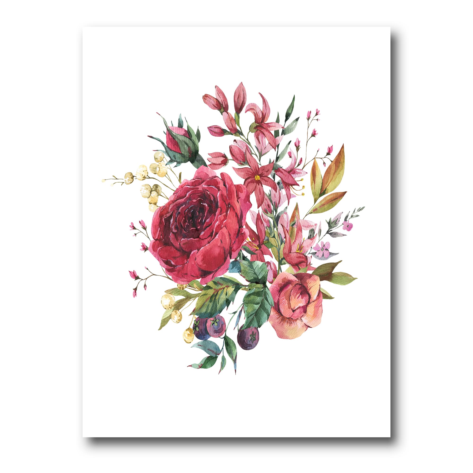 Designart - Vintage Burgundy Rose and Wildflowers - Farmhouse Canvas Wall Art Print