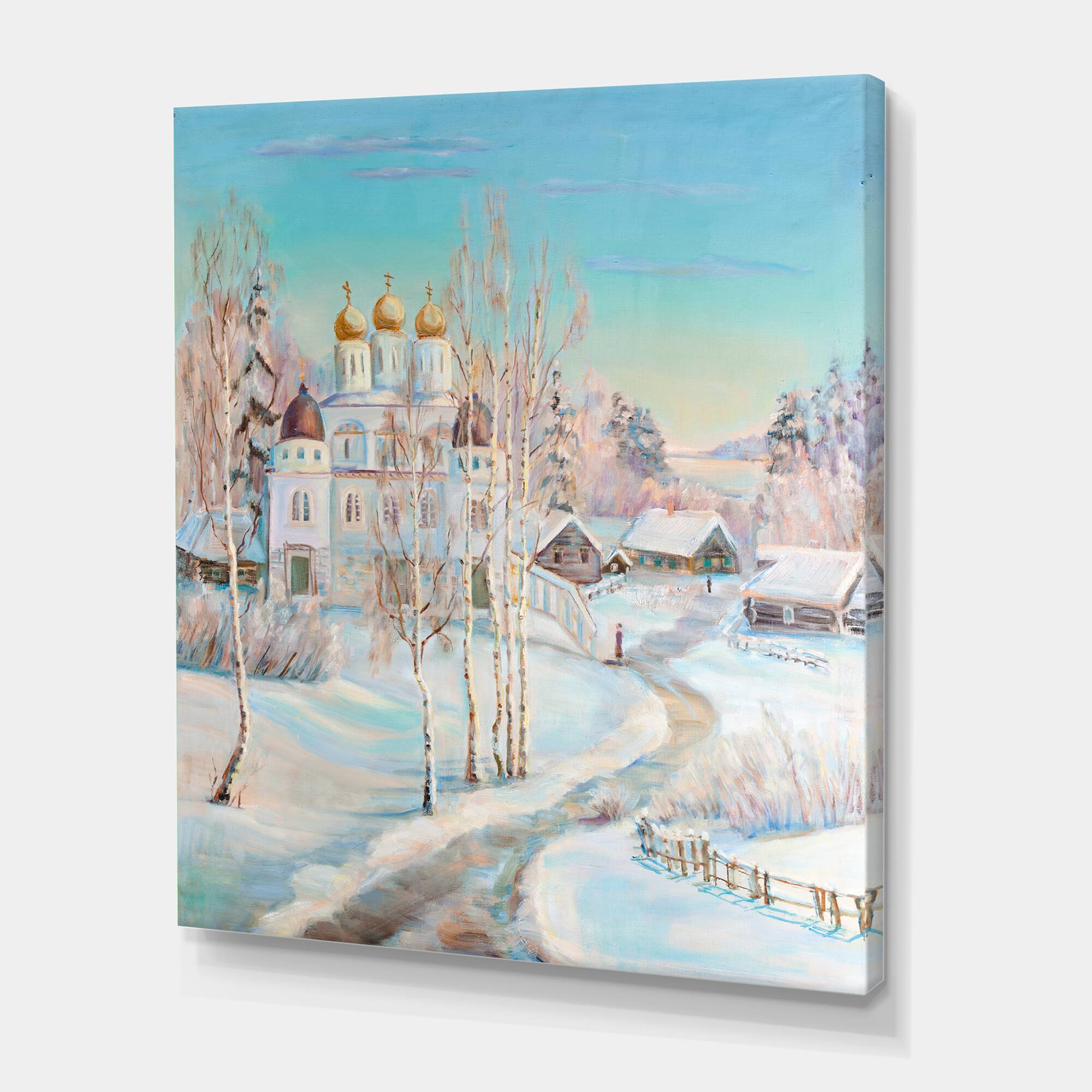 Designart - Country Road In Winter Landscape With Temple - Traditional Canvas Wall Art Print