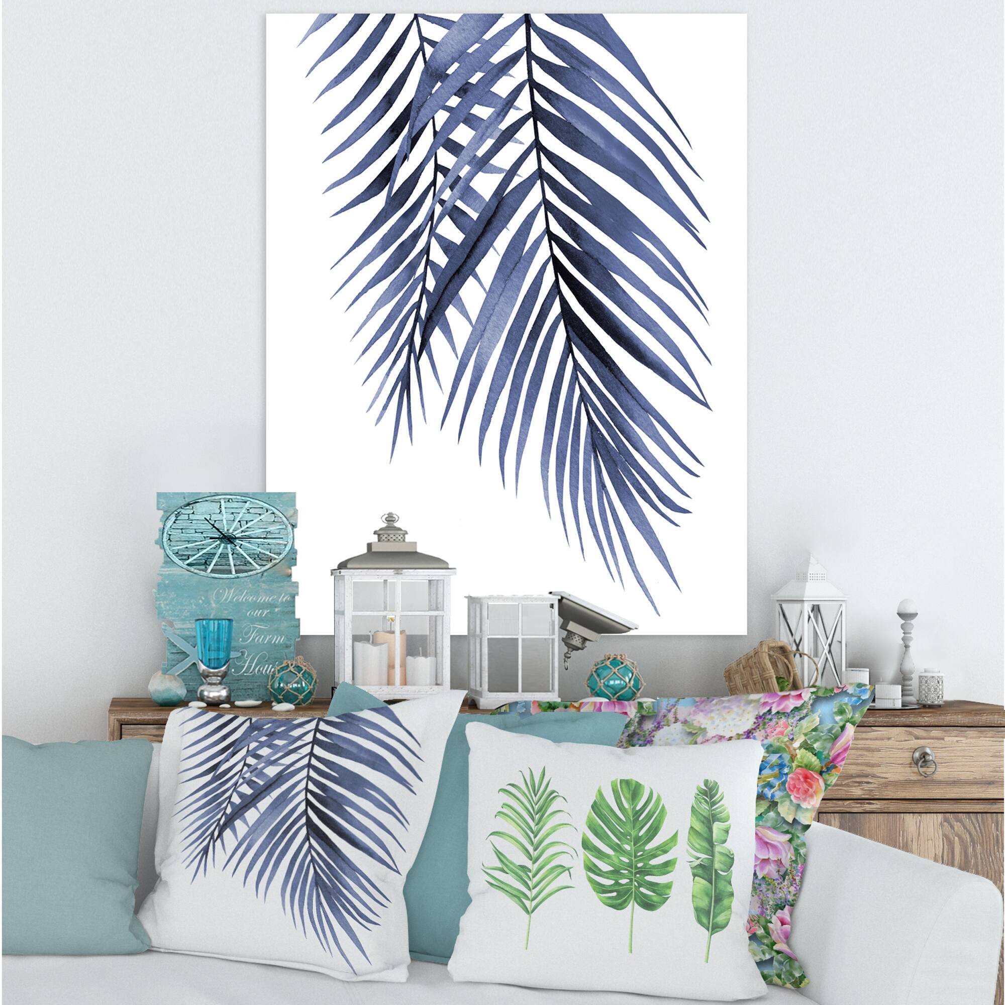 Designart - Blue Palm Leaves Abstract Tropical Branches - Traditional Canvas Wall Art Print