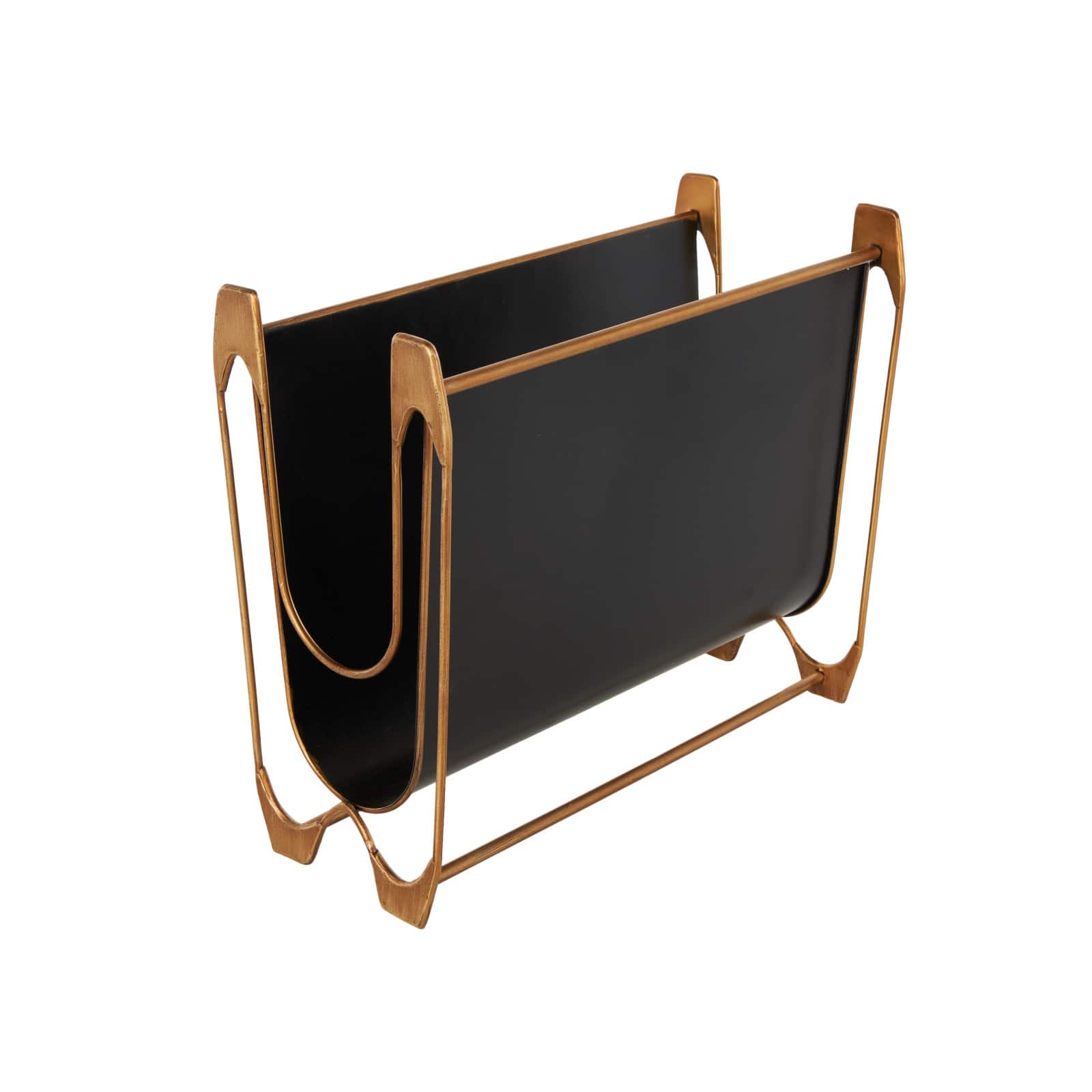 15" Black Metal Curved Magazine Holder with Brass Stand