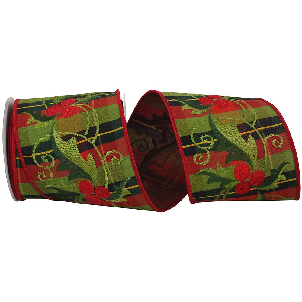 Reliant 4" x 5yd. Embroidered Holly Dupioni Plaid Wired Ribbon