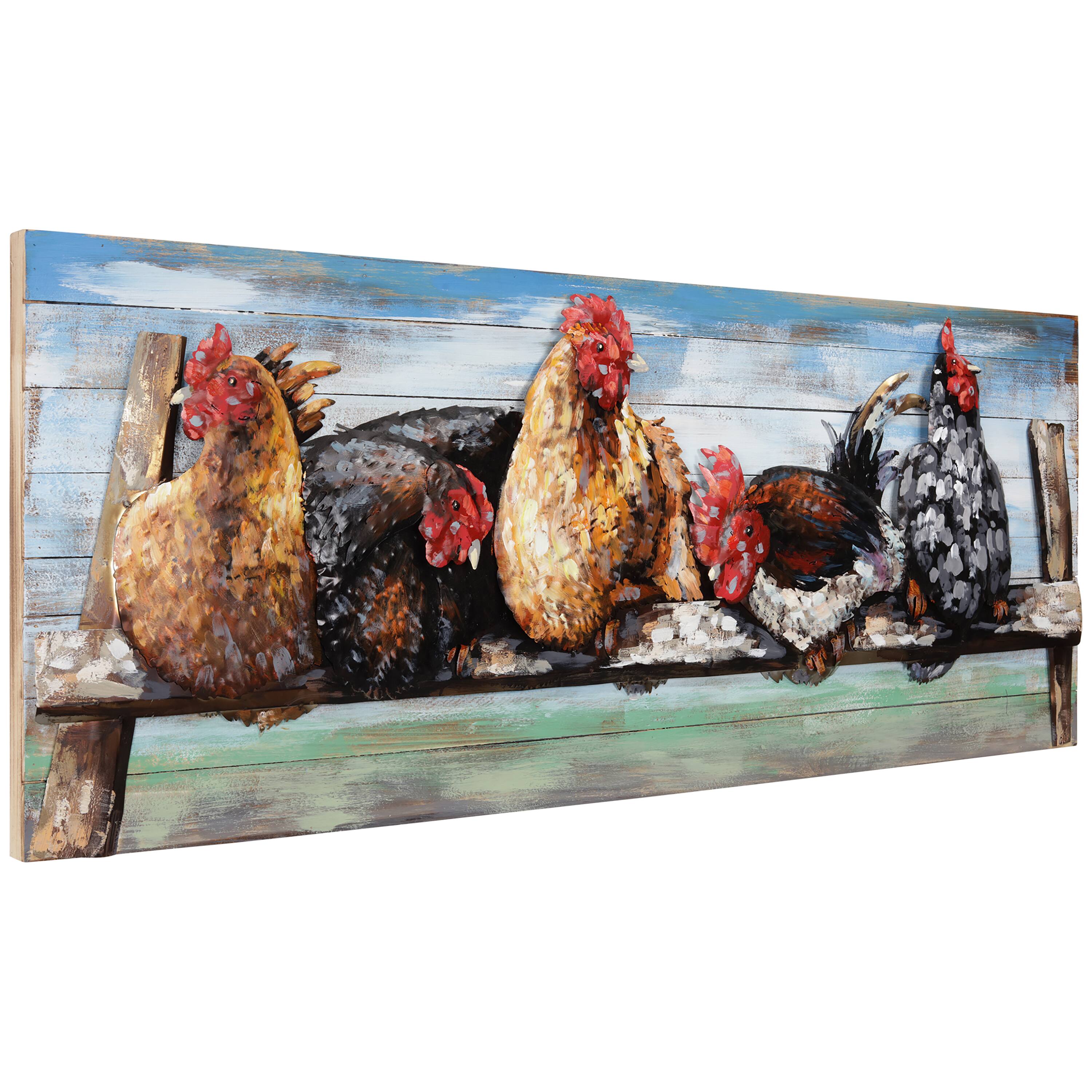 Empire Art Direct 24" x 60" Chickens Hand-painted Iron Wall Sculpture with Solid Wood Frame