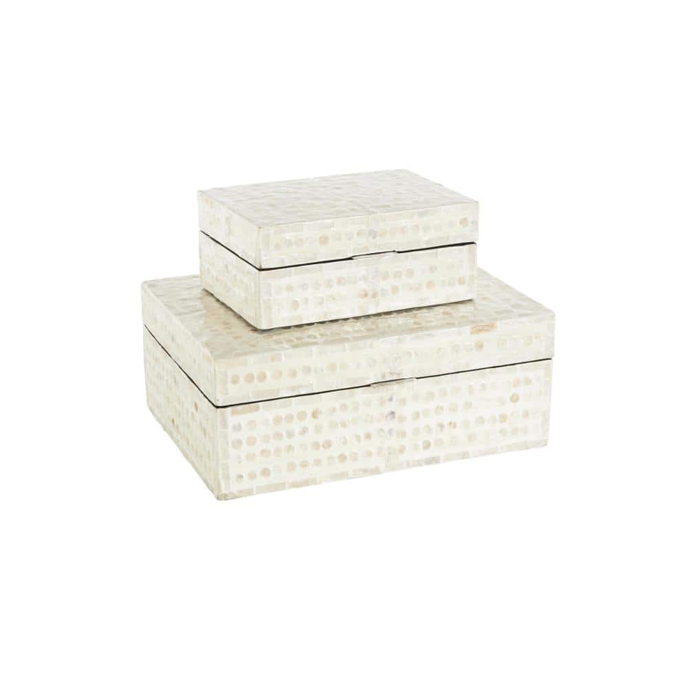 Cream Mother of Pearl Shell Geometric Handmade Mosaic Dot with Brown Accents Storage Box Set