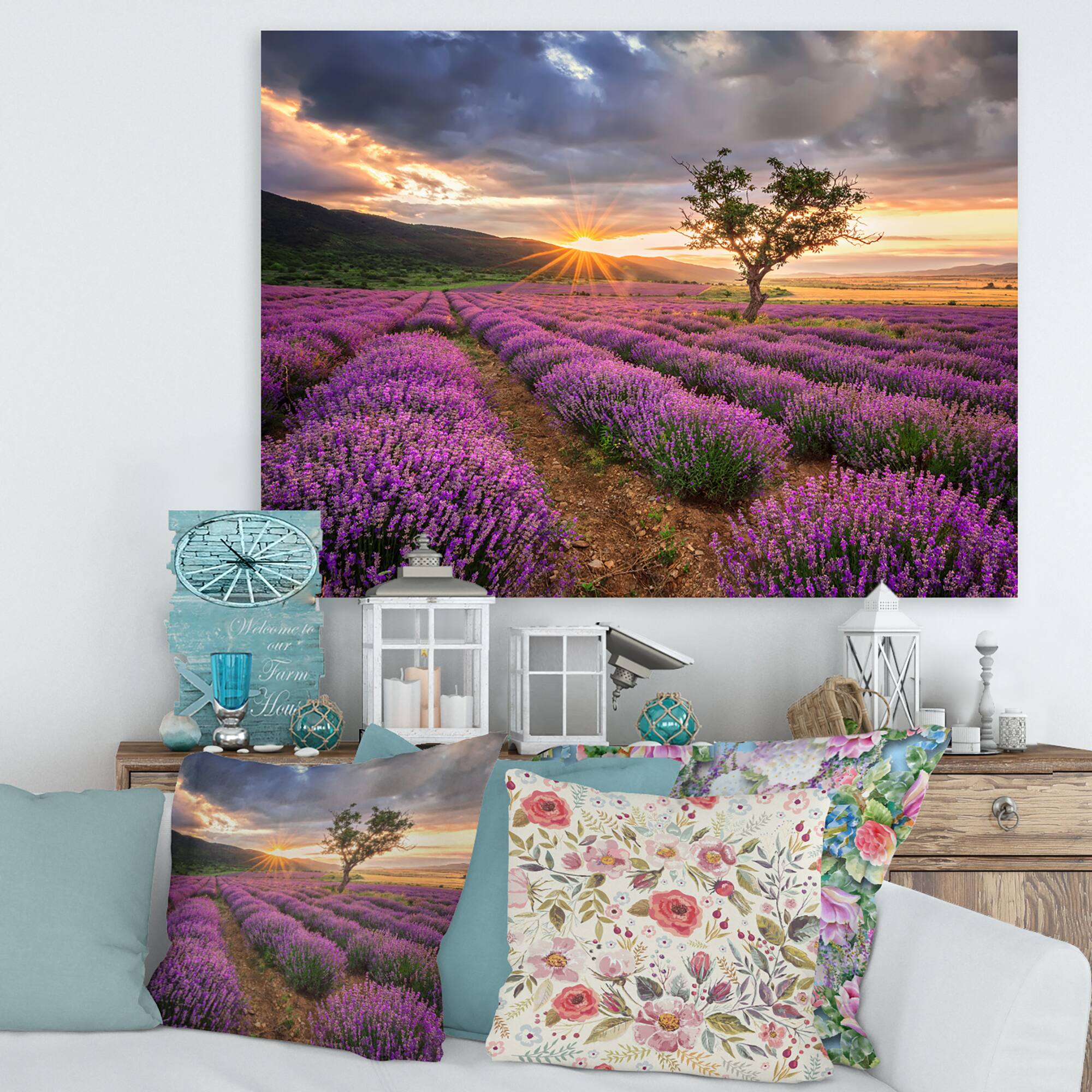 Designart - Sunrise & Dramatic Clouds Over Lavender Field VIII - Farmhouse Canvas Wall Art Print