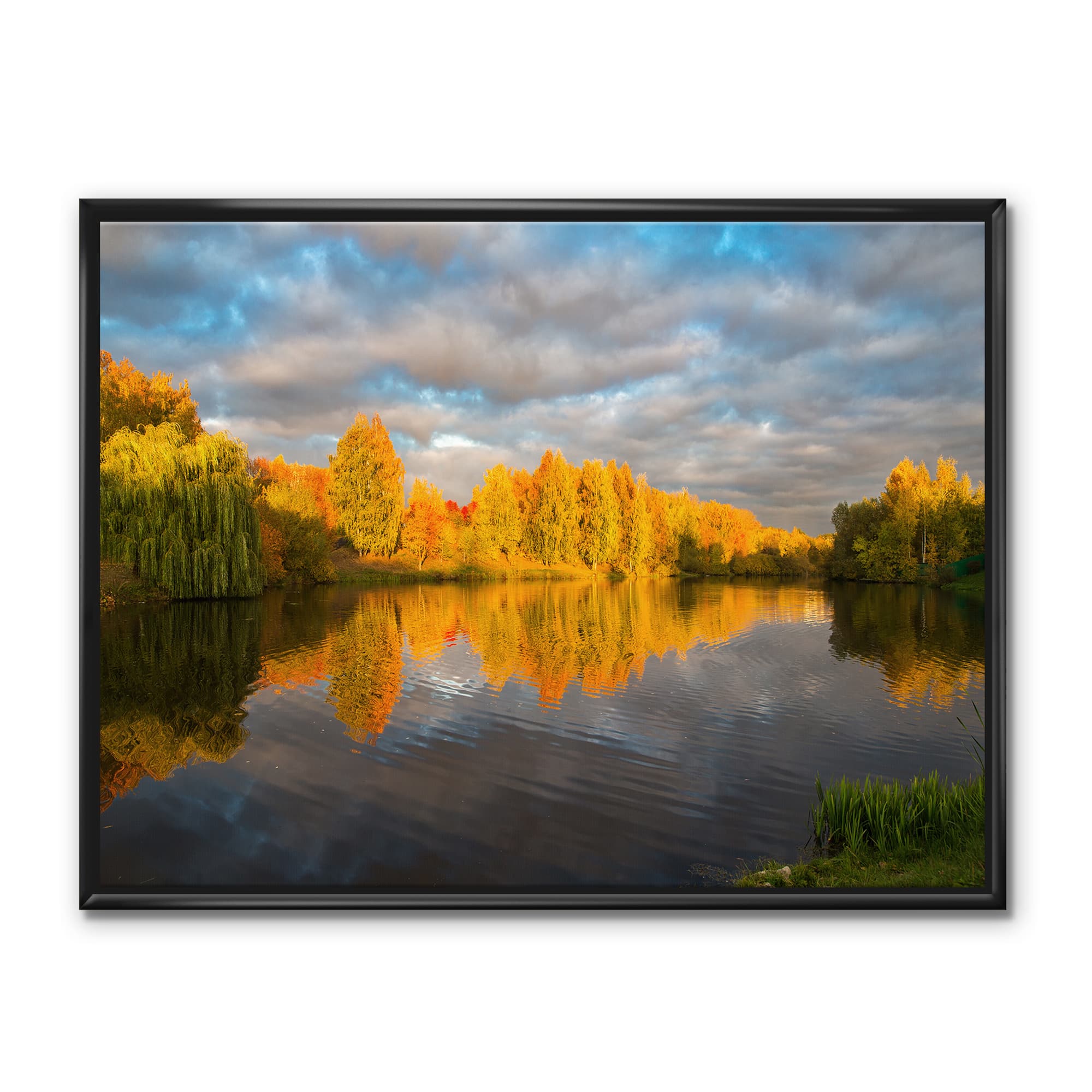 Designart - Autumn Sunset Reflection On Lake In The Park - Traditional Canvas Wall Art Print in Black Frame