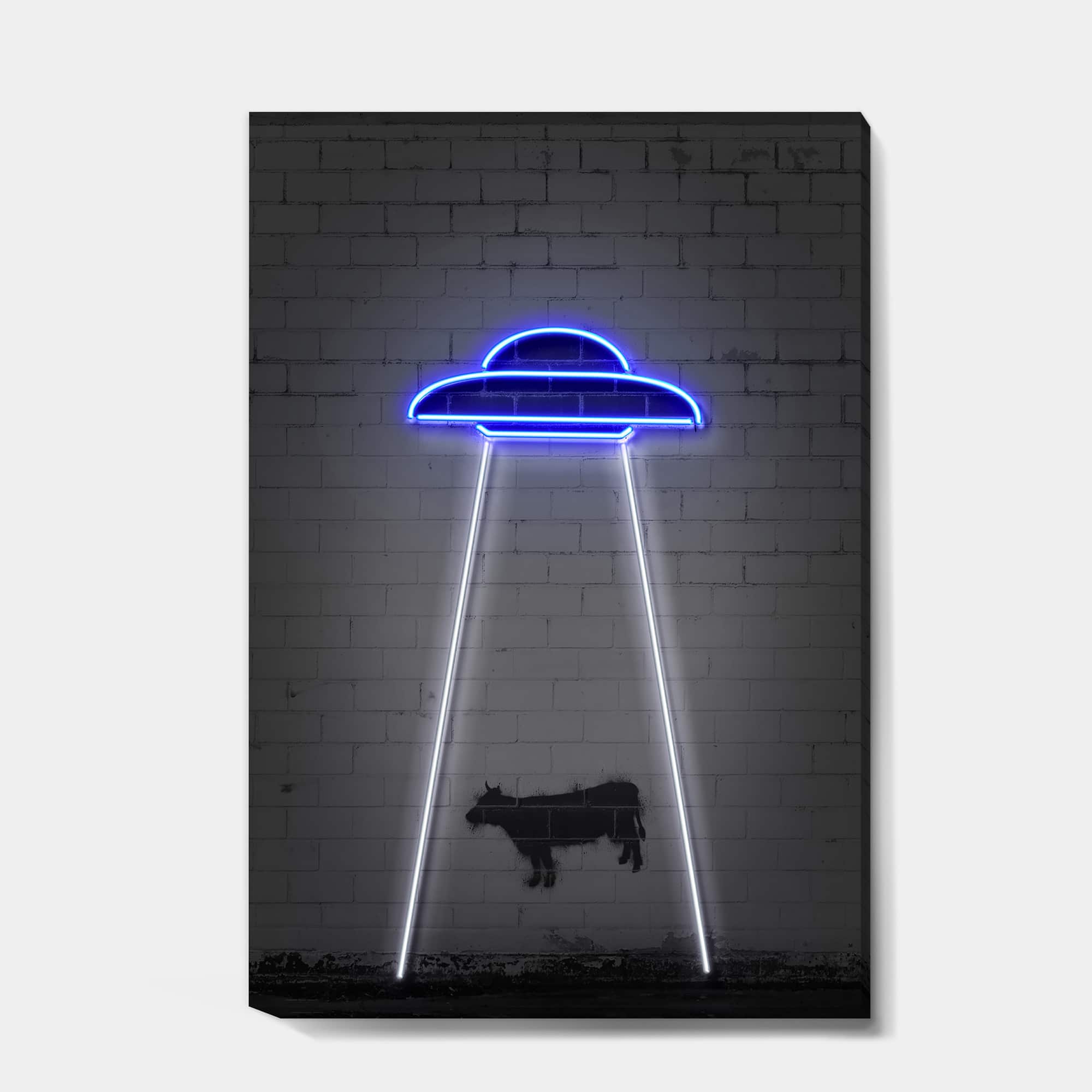 Designart - Neon UFO Abducting Cow - Modern & Contemporary Canvas Art Print