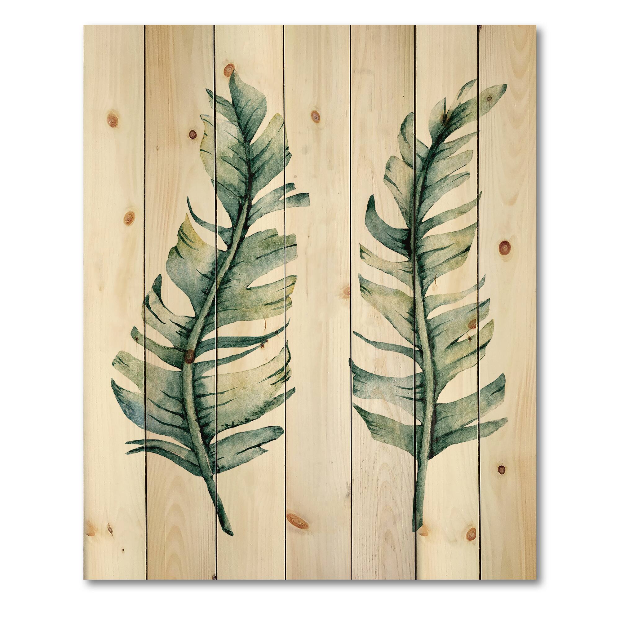 Designart - Duo of Tropical Leaves - Farmhouse Print on Natural Pine Wood