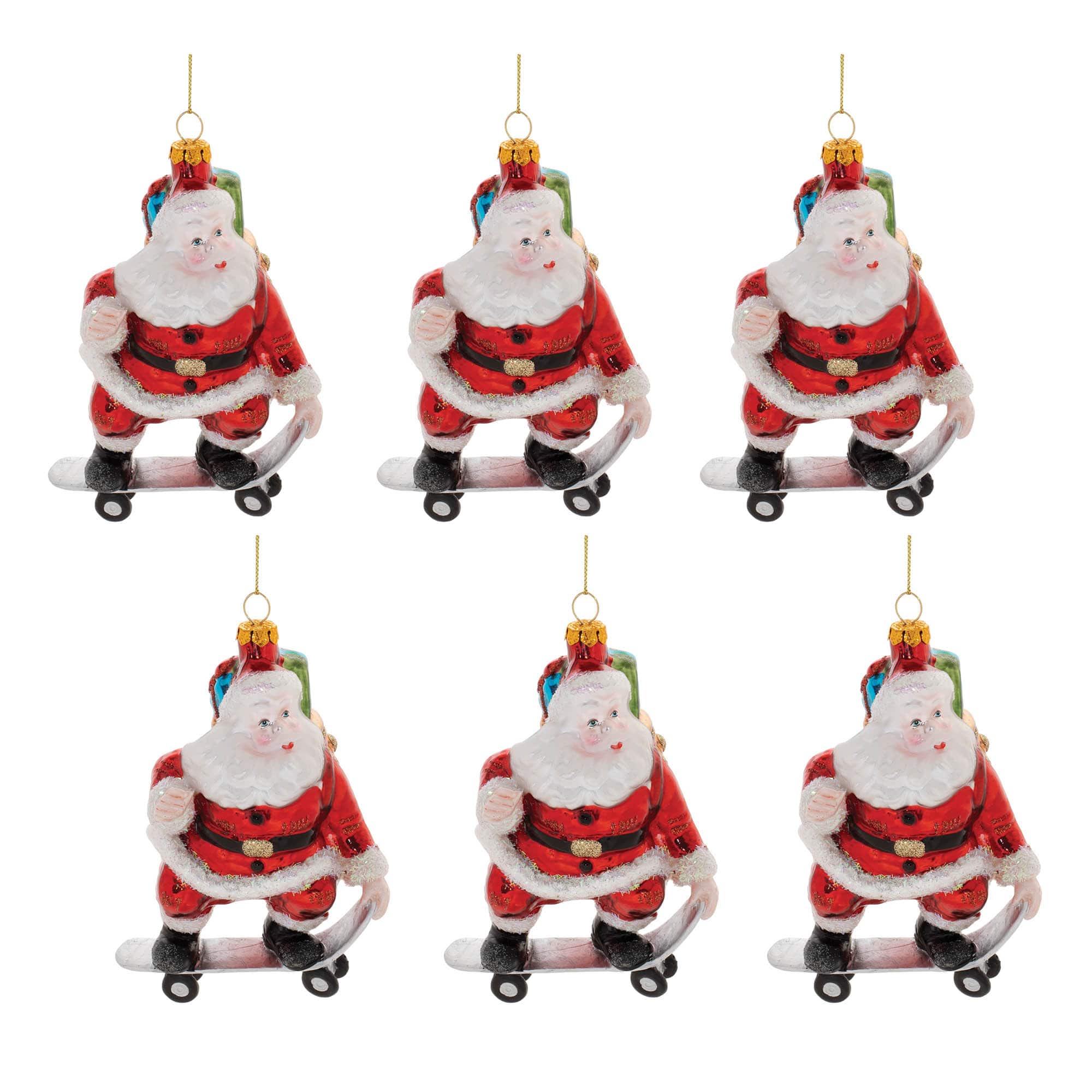 5.5" Glass Skateboarding Santa Ornaments, 6ct.