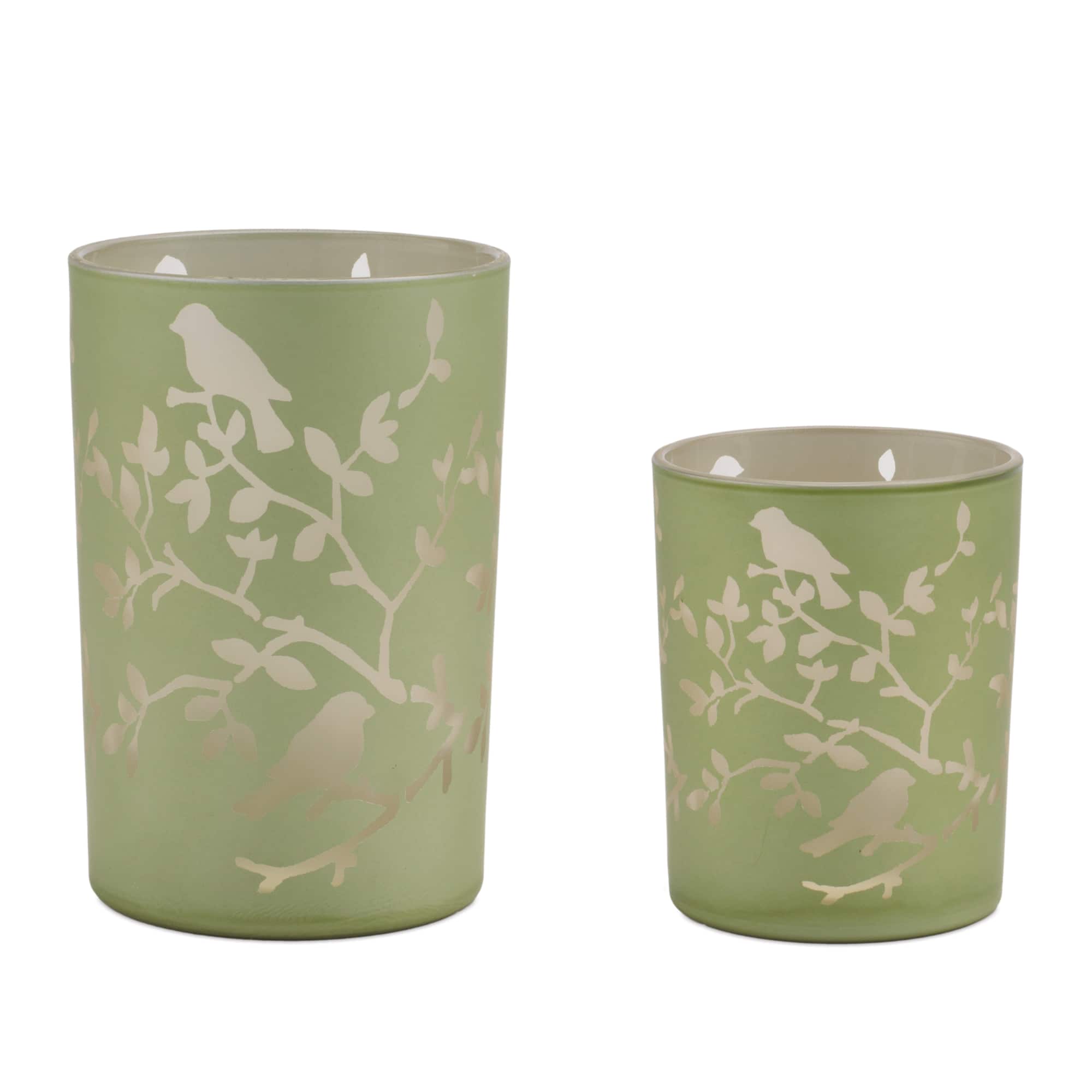 Green & Gold Frosted Floral Bird Candle Holder Set