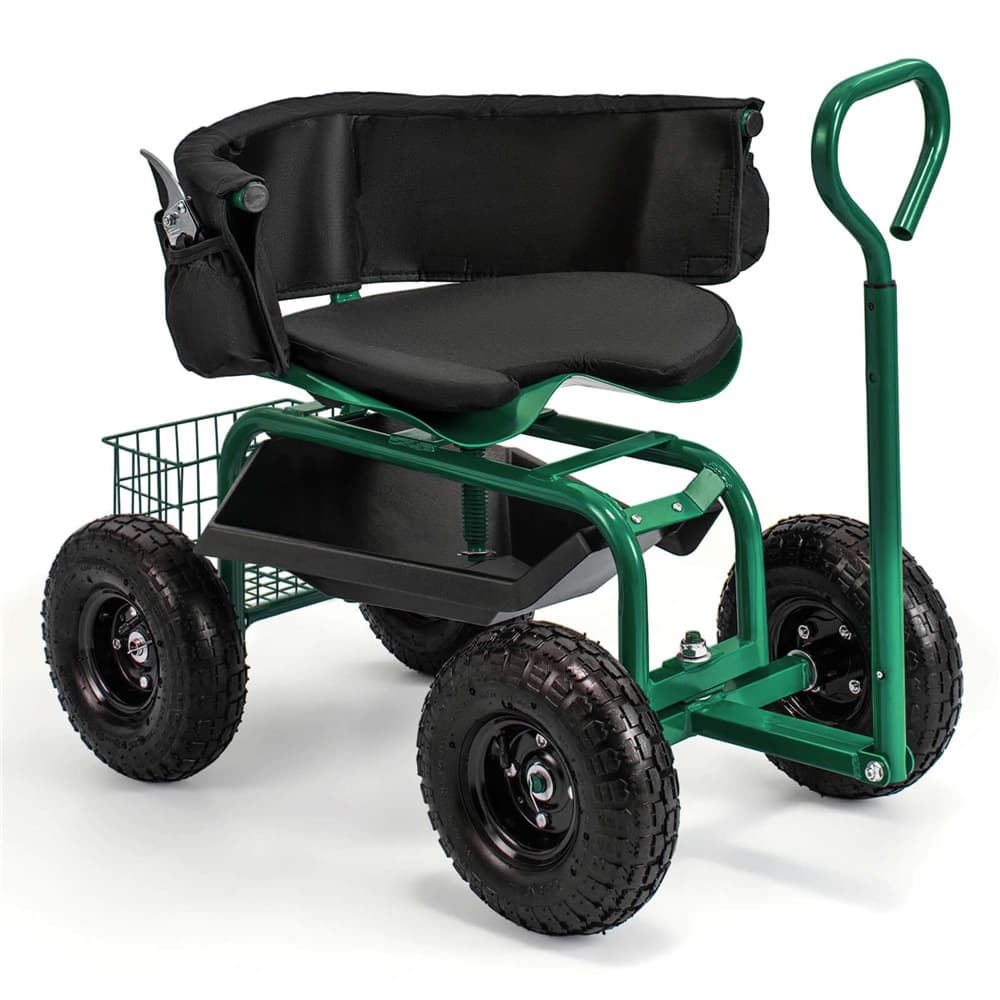 Costway Height-Adjustable Rolling Garden Cart Scooter with Swivel Seat, Tool Tray & Storage Basket
