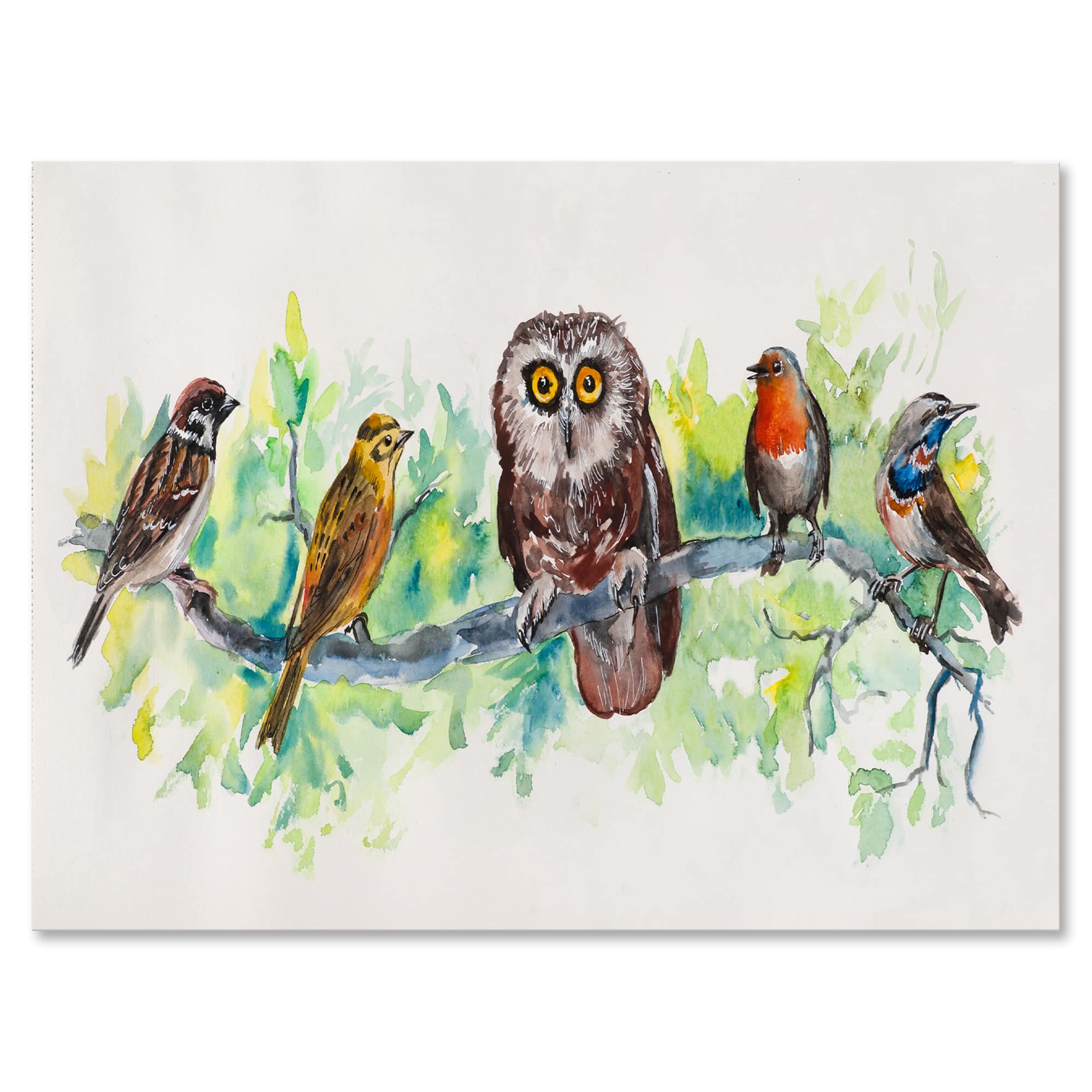 Designart - Owl On A Branch With Bird Friends - Traditional Canvas Wall Art Print