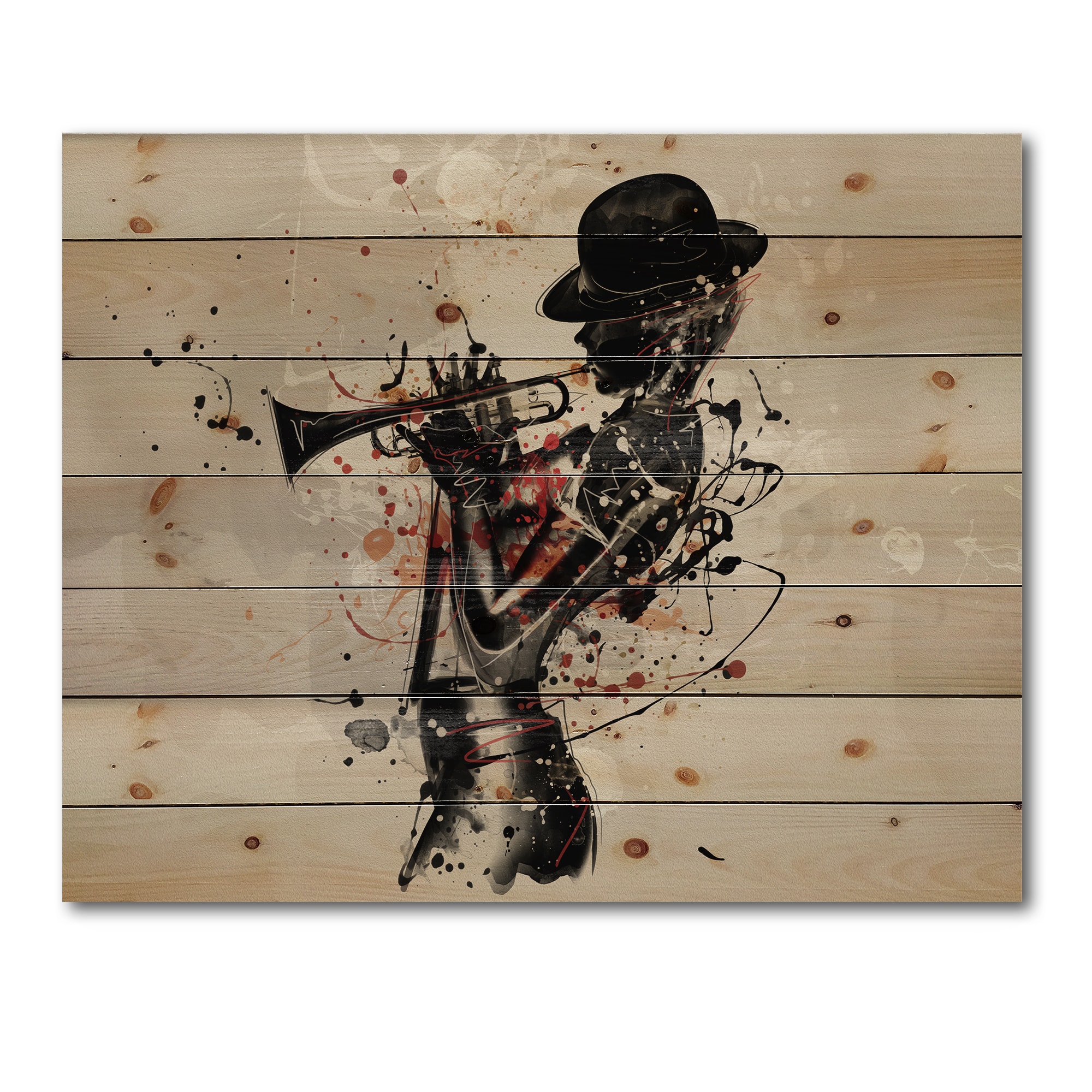 Designart - Woman Playing Jazz Trumpet - Modern Print on Natural Pine Wood
