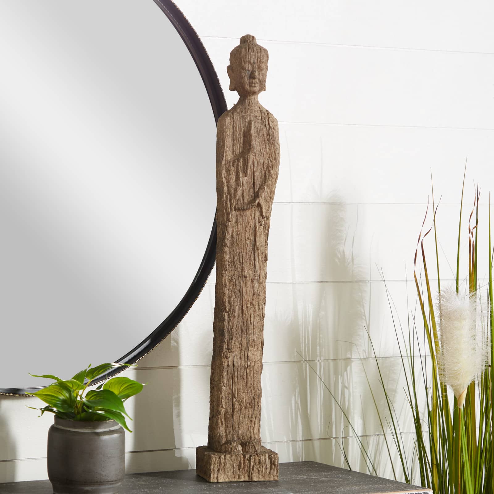 Beige Eclectic Polystone Sculpture, Buddha 32" x 5" x 4"