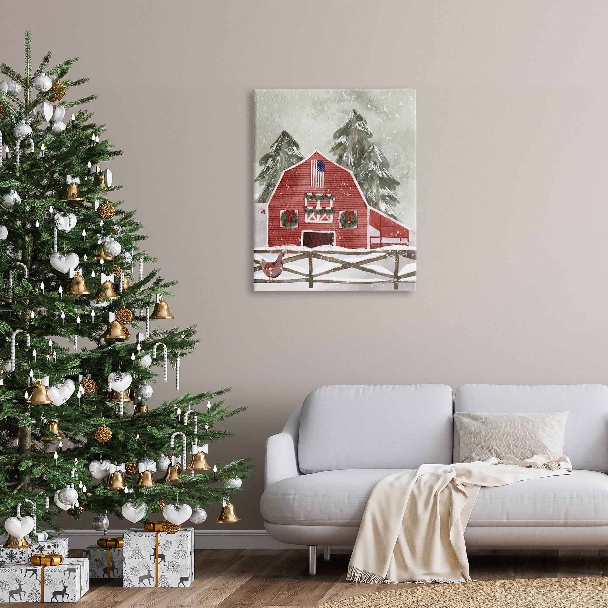 Stupell Industries Snowy Country Barn American Flag Canvas Wall Art
