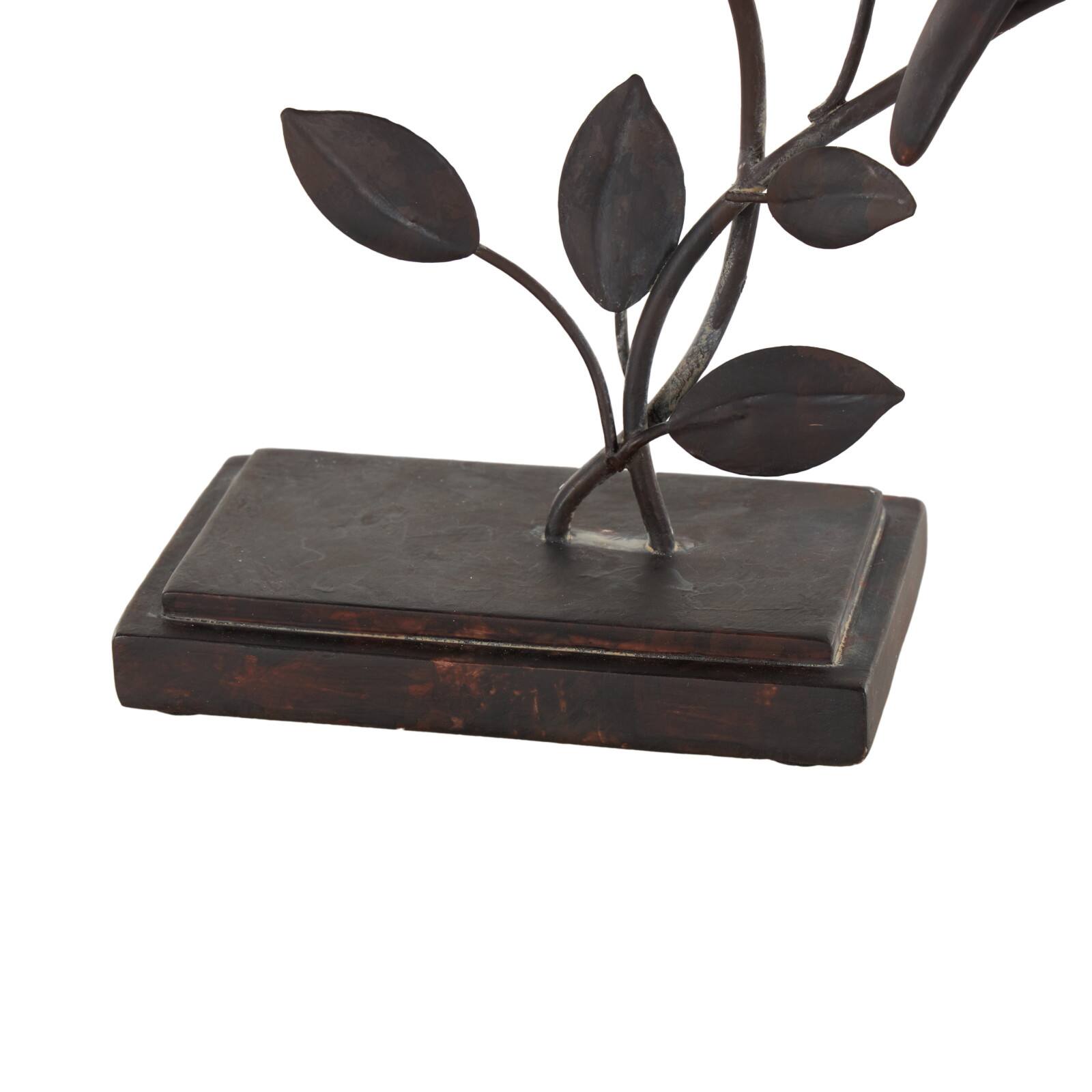 10" Black Polystone Bird Perching Decorative Sculpture with Leaf Vines and Copper Shading