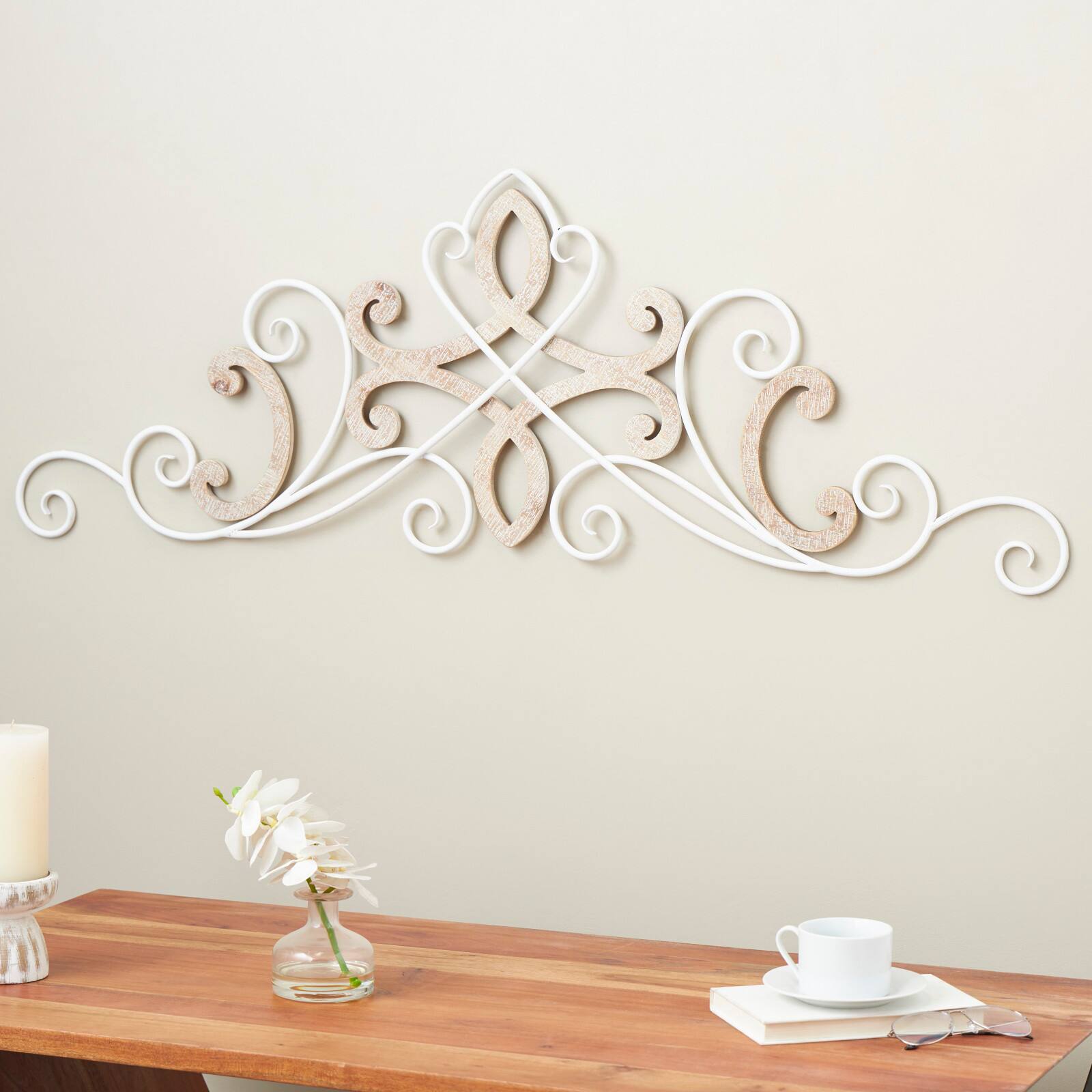 47" x 16" White & Brown Wooden Scroll Wall Décor