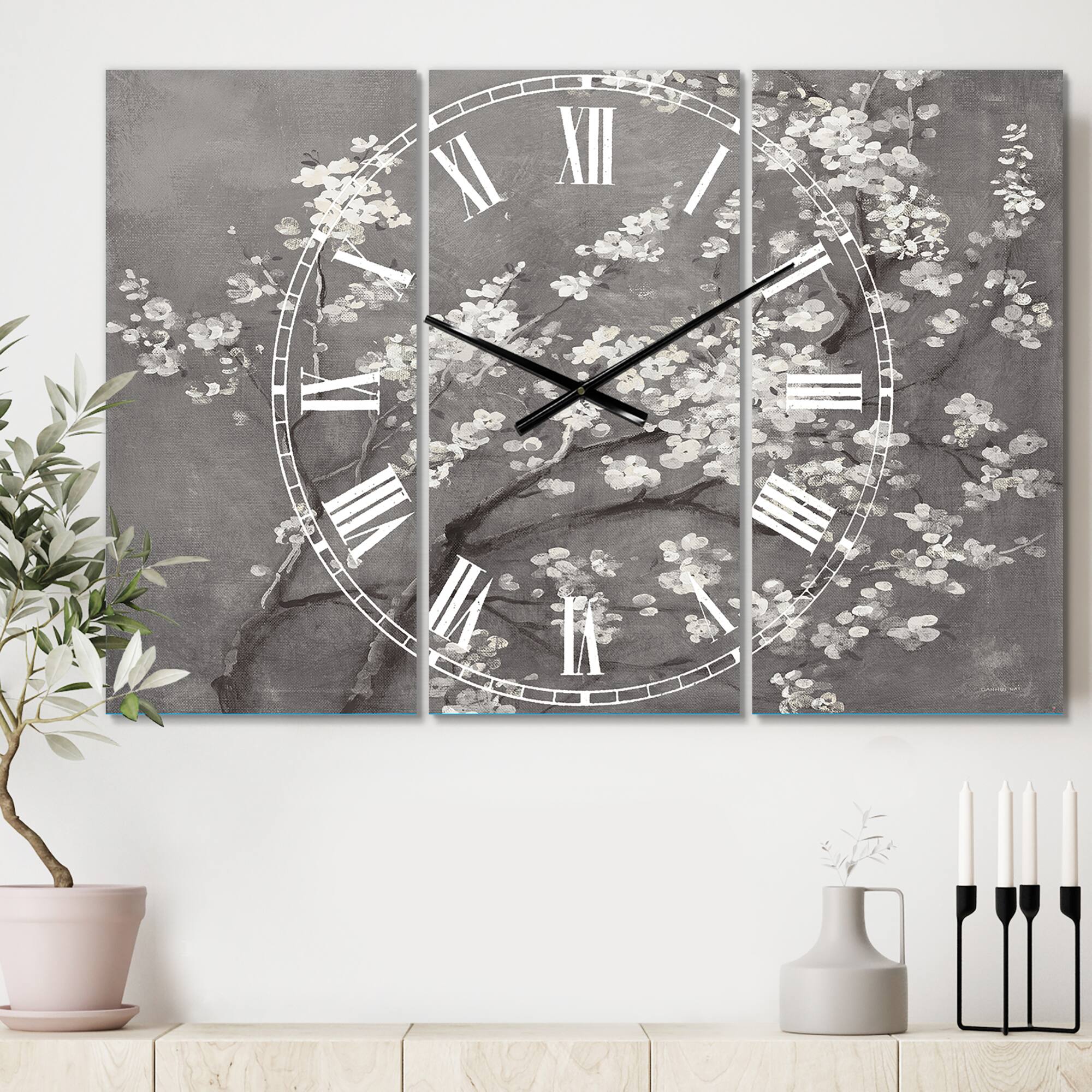 Designart White Cherry Blossoms I Multipanel Wall Clock