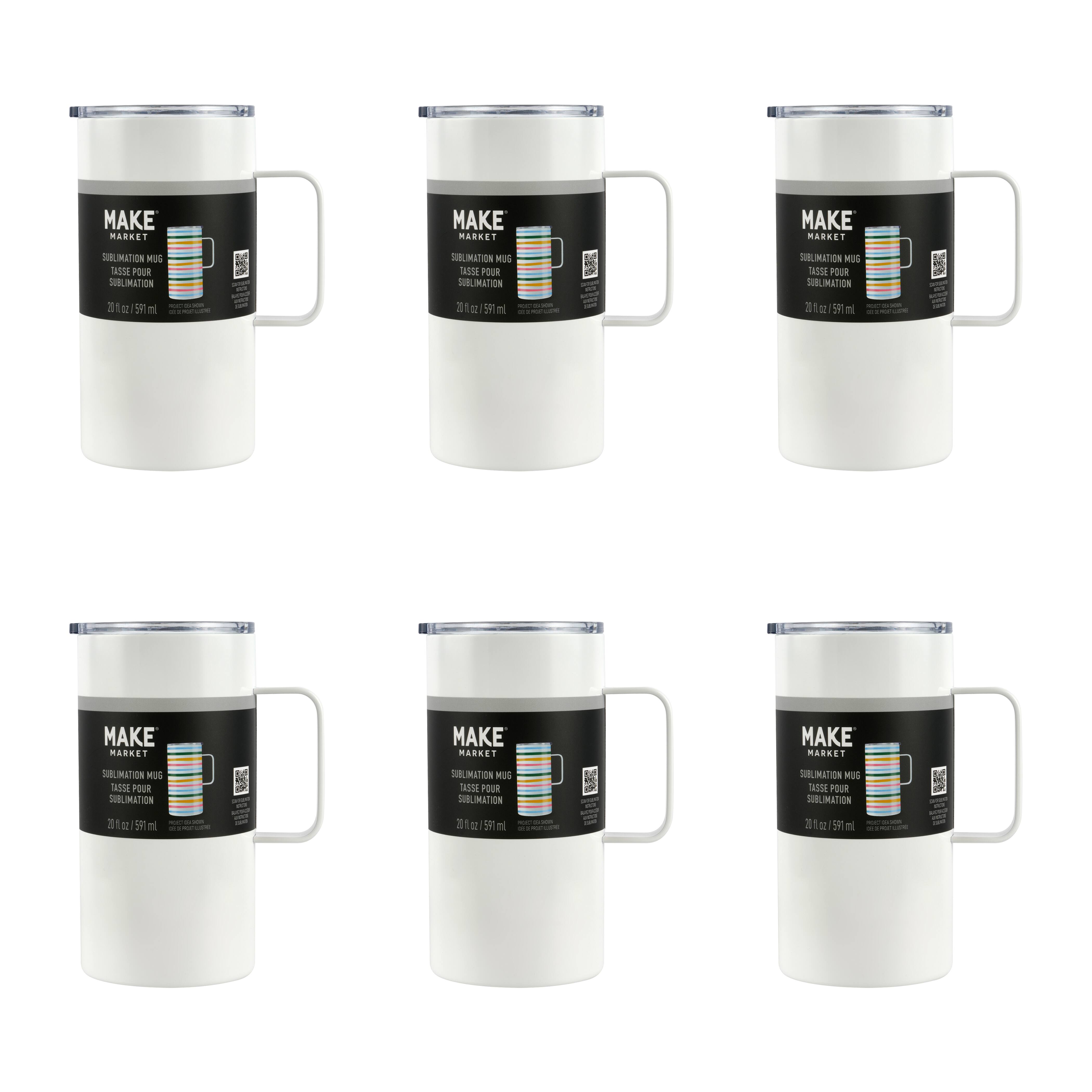 6 Pack: 20oz. White Stainless Steel Sublimation Mug with Lid by Make Market®