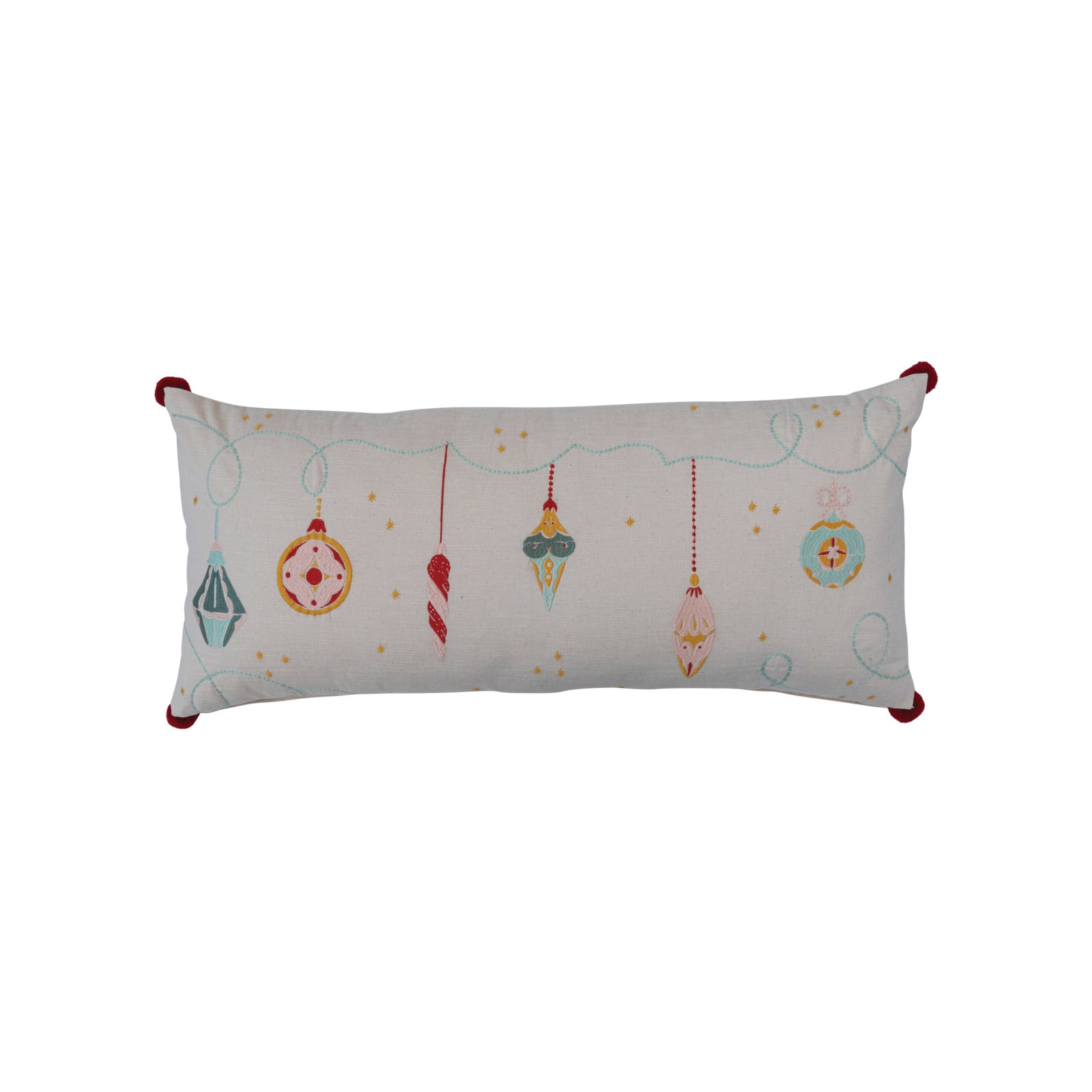 Hello Honey® 36" Multicolor Embroidered Ornaments & Pom Poms Cotton Slub Lumbar Pillow