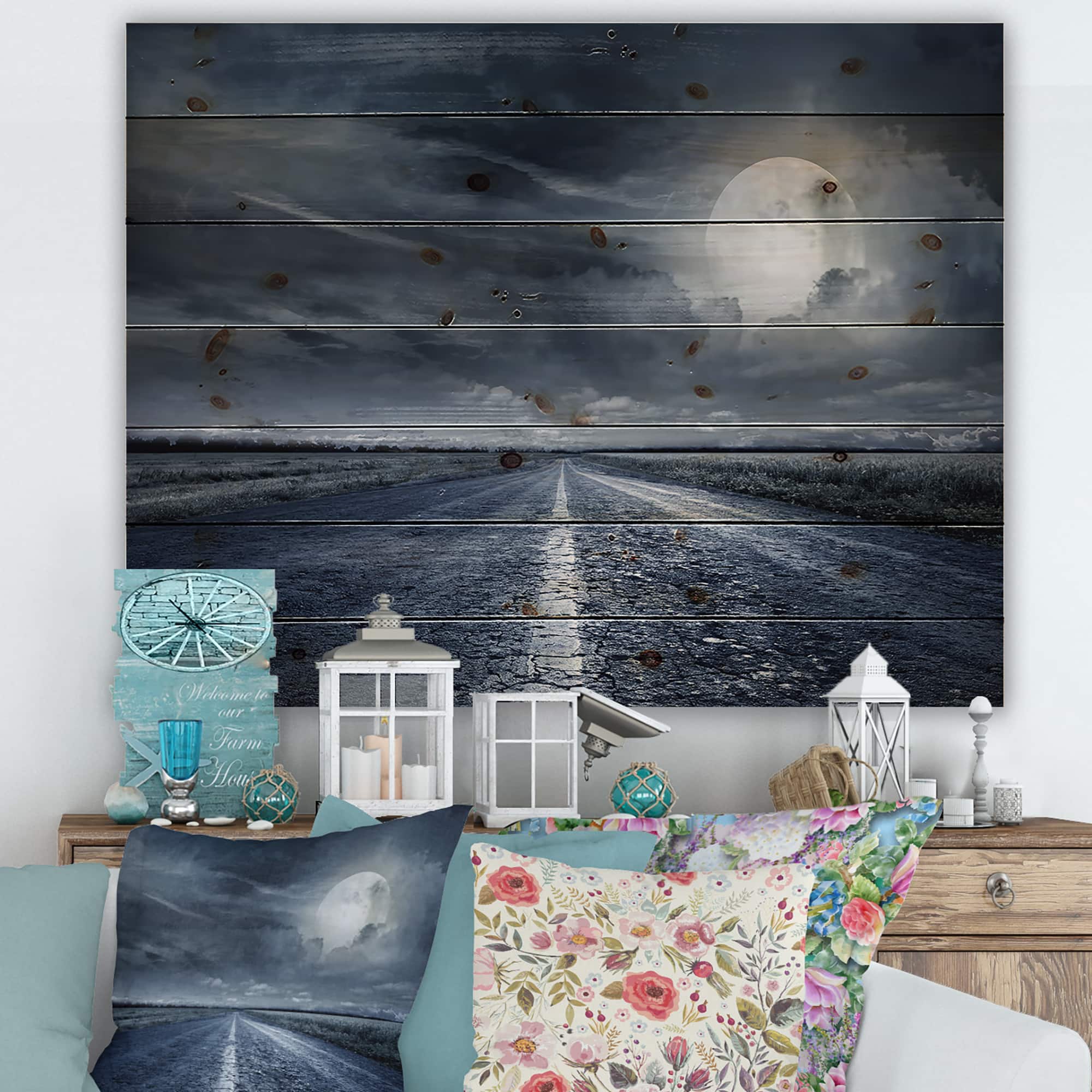 Designart - Asphalt Road Under Cloudy Full Moon II