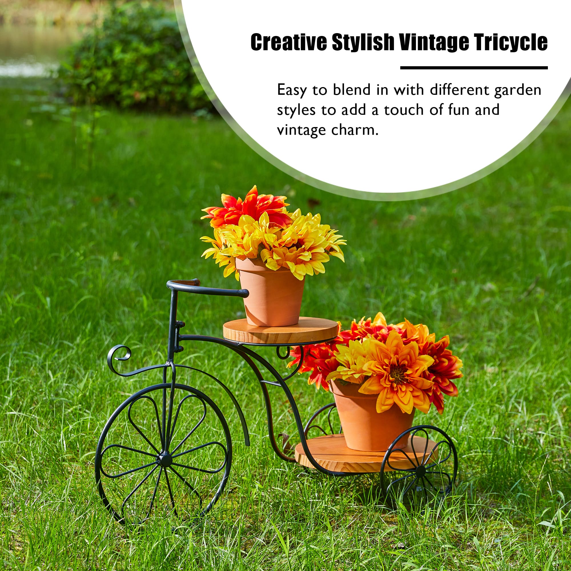 Glitzhome® 24" Black Metal Tricycle Planter Stand with Solid Wood Tray
