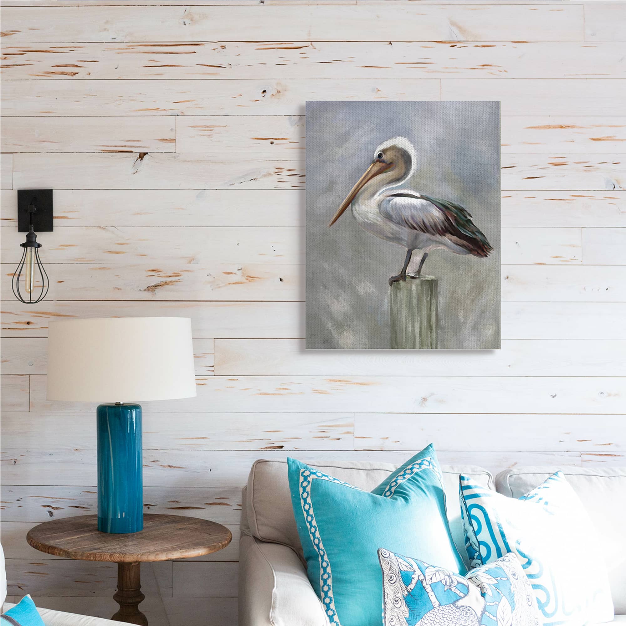 Stupell Industries Pelican Resting on Wooden Pillar Soft Grey Canvas Wall Art
