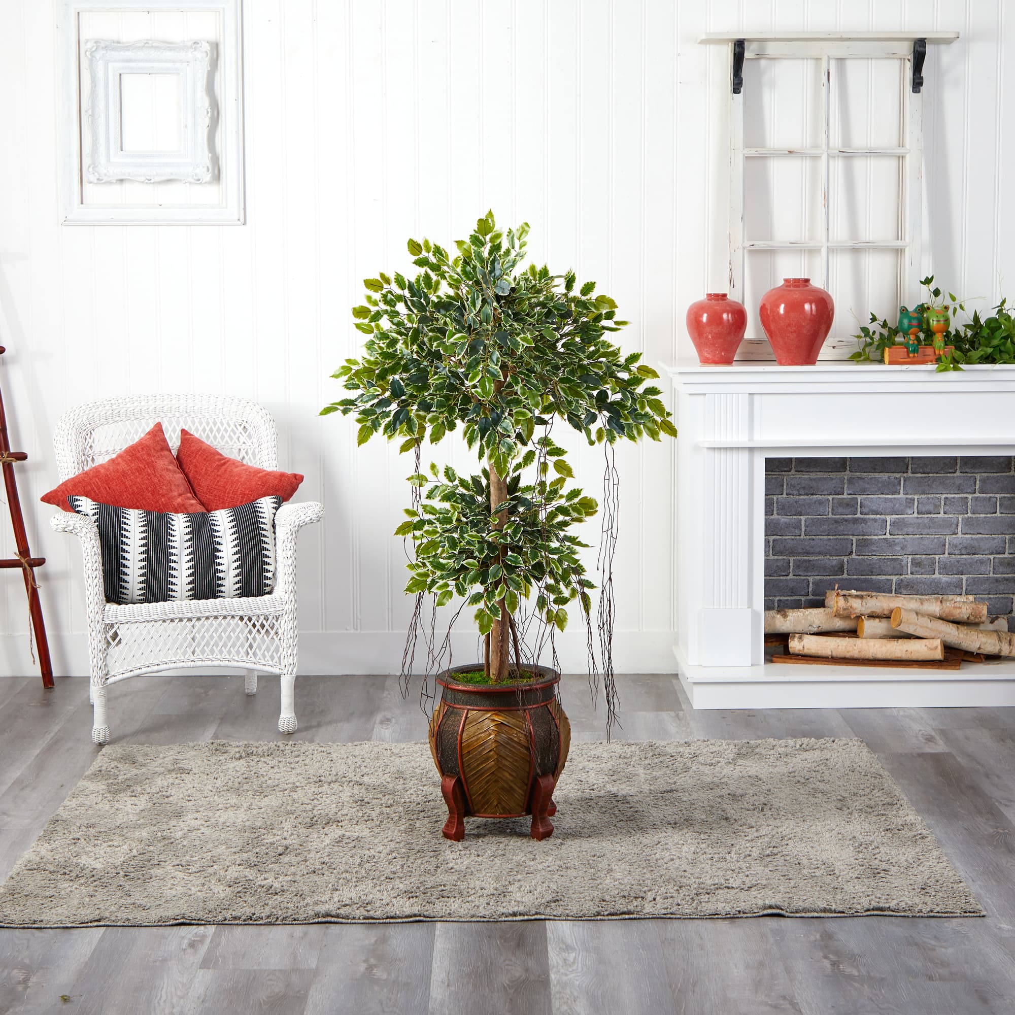 5ft. Variegated Ficus Artificial Tree in Footed Planter