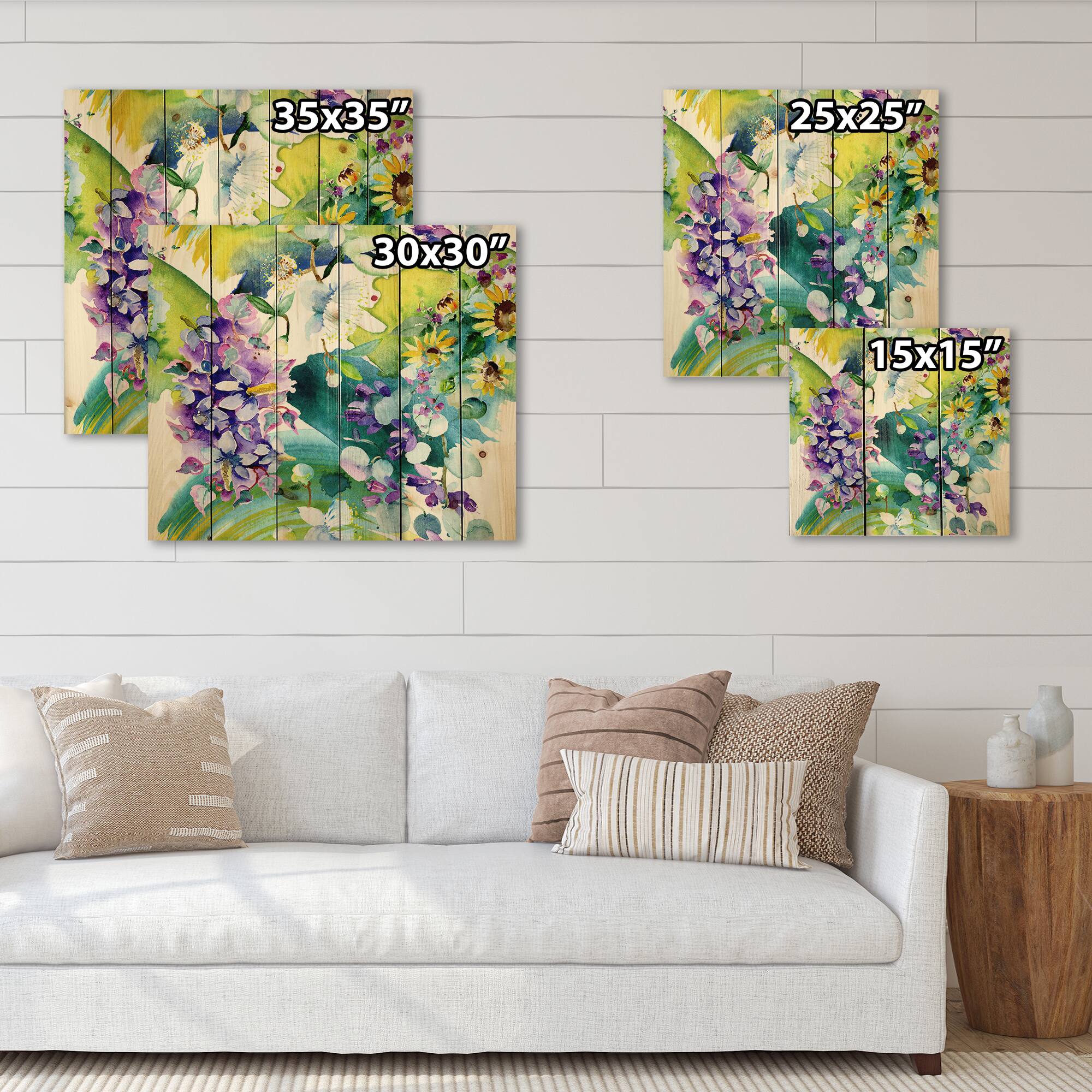 Designart - Bouquet of Wildflowers and Sunflowers - Farmhouse Print on Natural Pine Wood