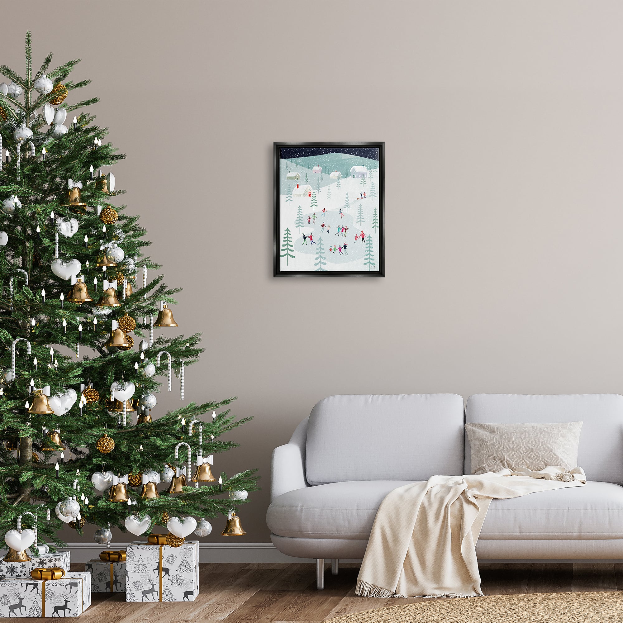 Stupell Industries Ice Skating Families Snowfall Framed Floater Canvas Wall Art