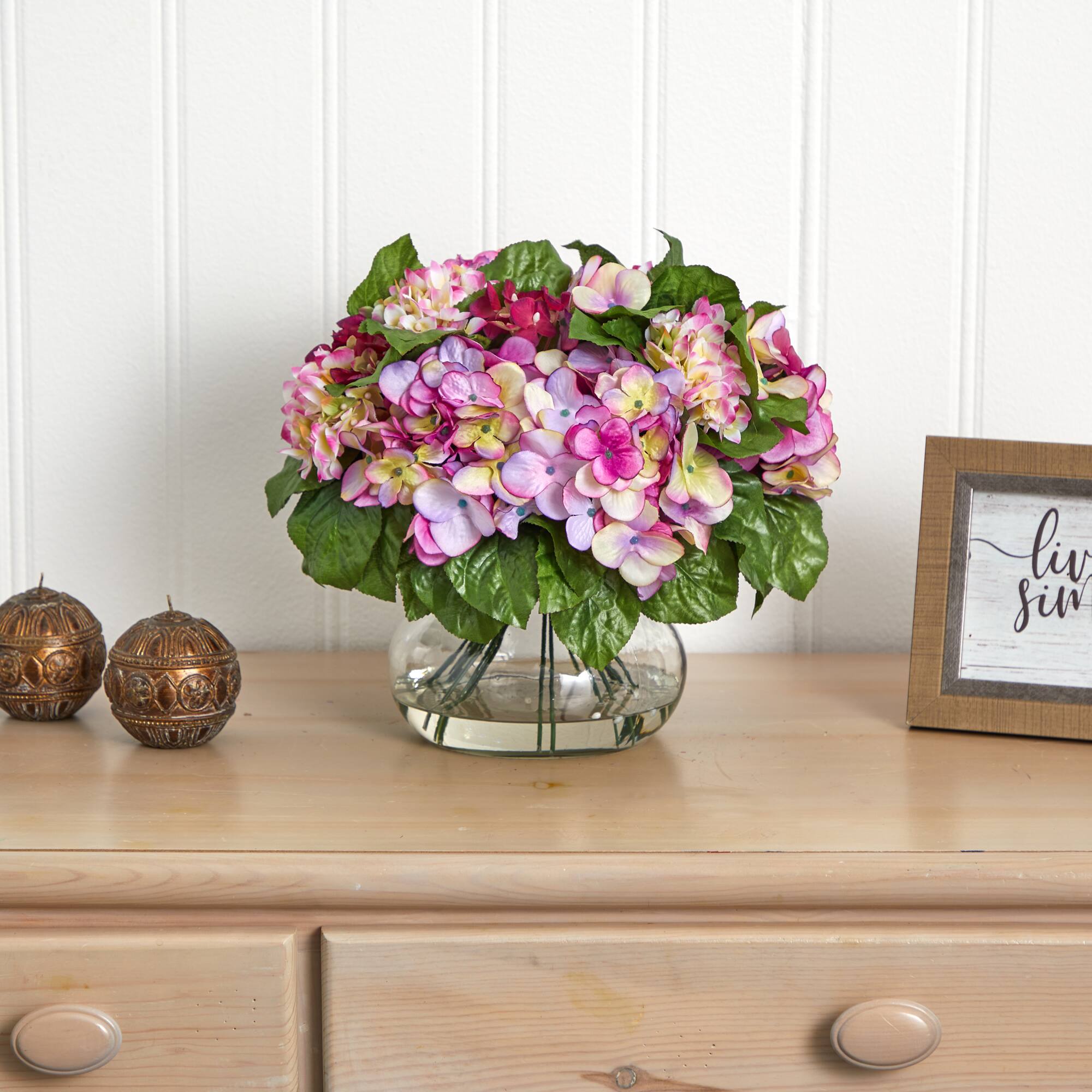 14.5" Pink Hydrangea Arrangement in Glass Vase