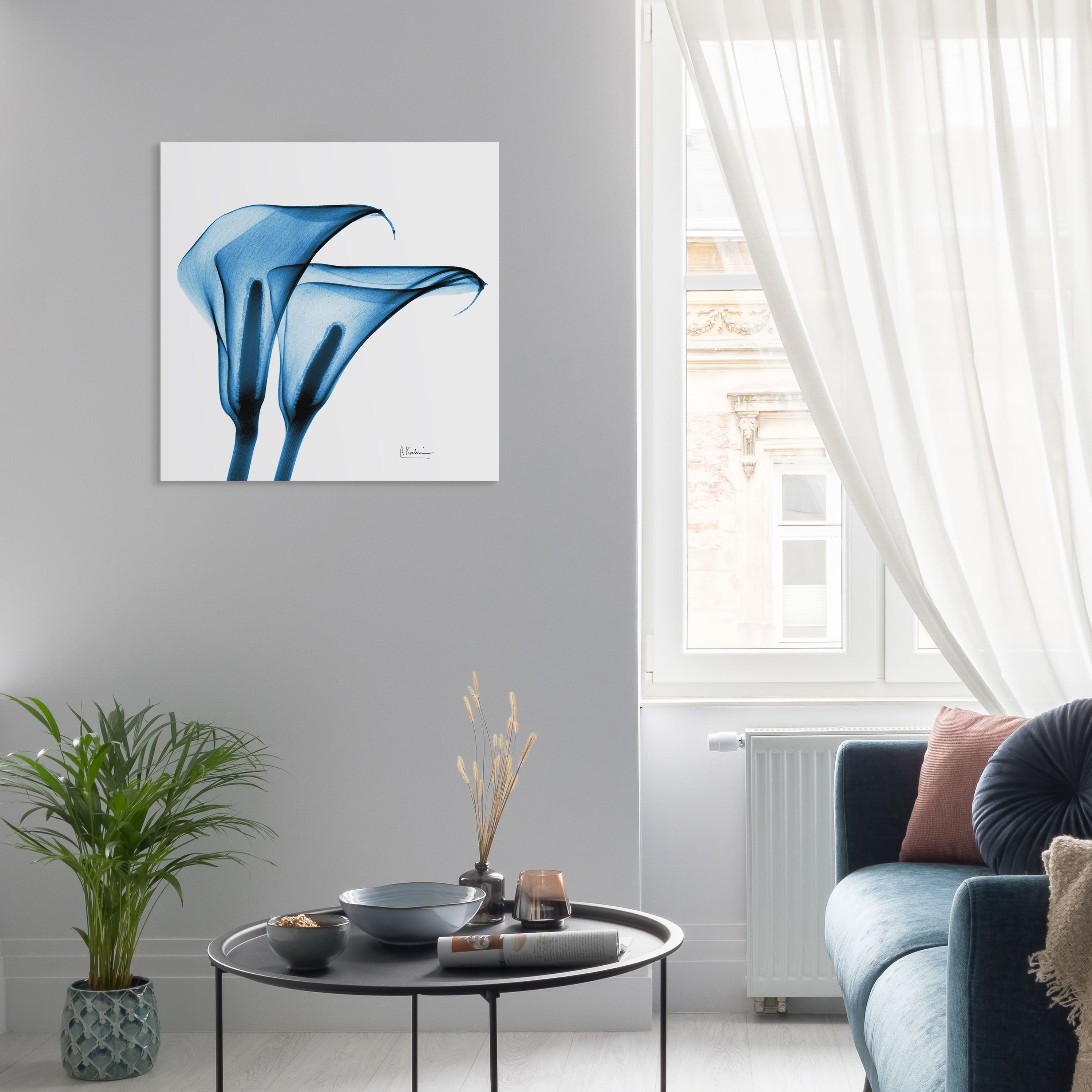 Empire Art Direct 24" x 24" Indigo Calla Lilies Free Floating Tempered Glass Wall Art