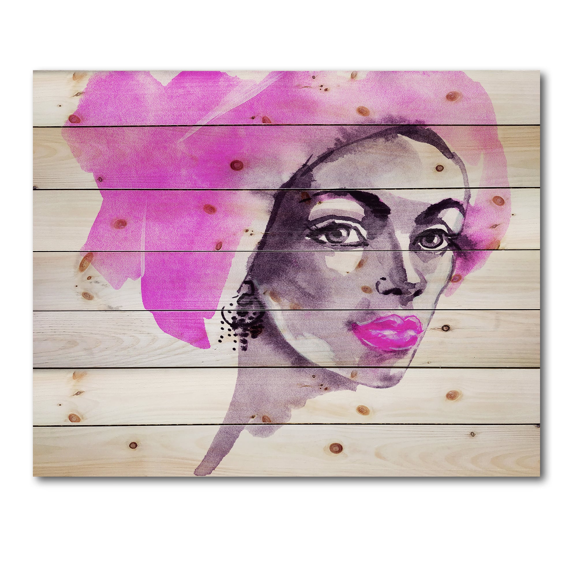 Designart - Afro American Woman Fashion Portrait - Modern Print on Natural Pine Wood