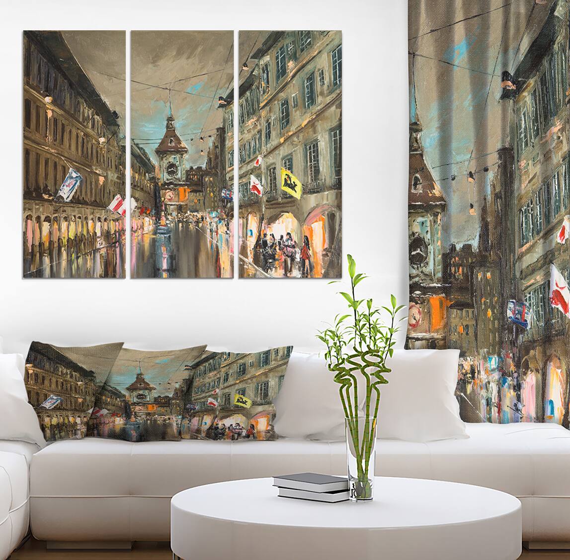 Designart - Bern Switzerland Rainy Evening in Oil Painting - Cityscapes Painting Print on Wrapped Canvas set
