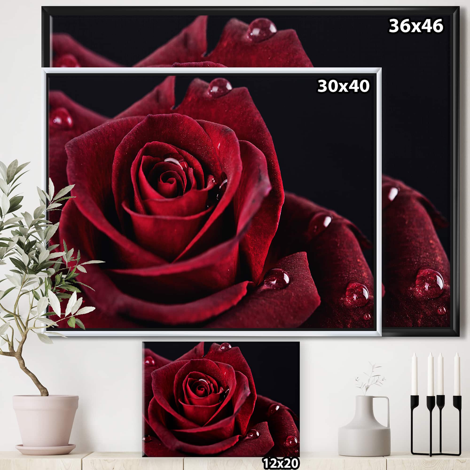 Designart - Red Rose with Raindrops on Black - Flowers Framed Canvas Wall Artwork