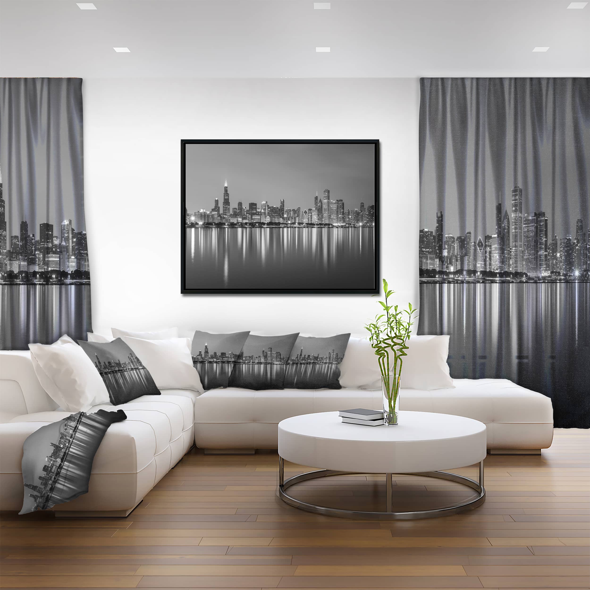 Designart - Chicago Skyline at Night Black and White - Cityscape Framed Canvas Print