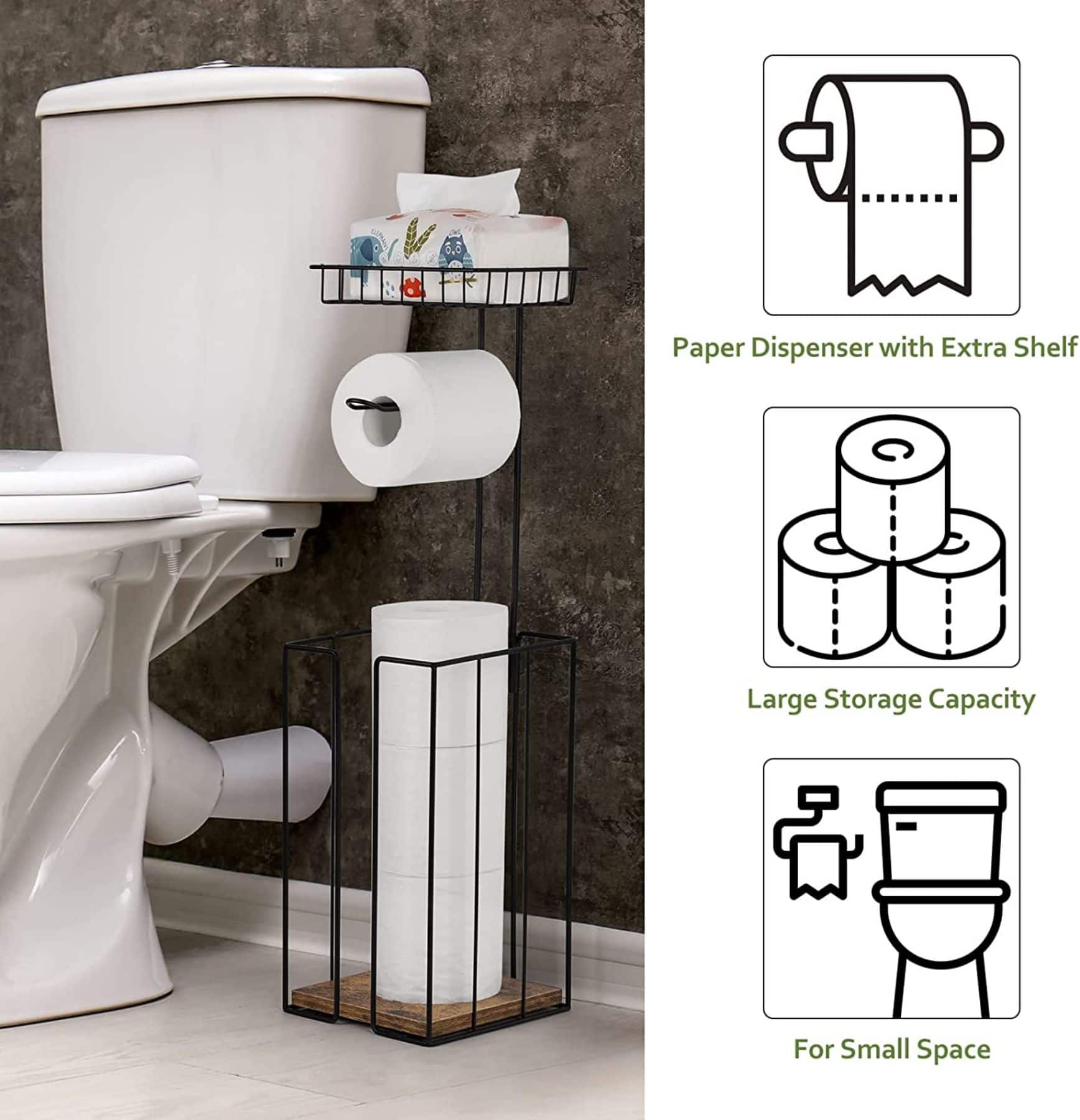 NEX™ 23.5" Black Freestanding Toilet Paper Holder with Shelf