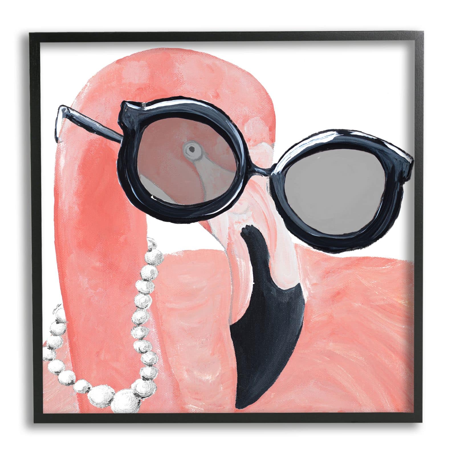 Stupell Industries Glam Fashion Pink Flamingo Sunglasses Pearls Bird Framed Wall Art