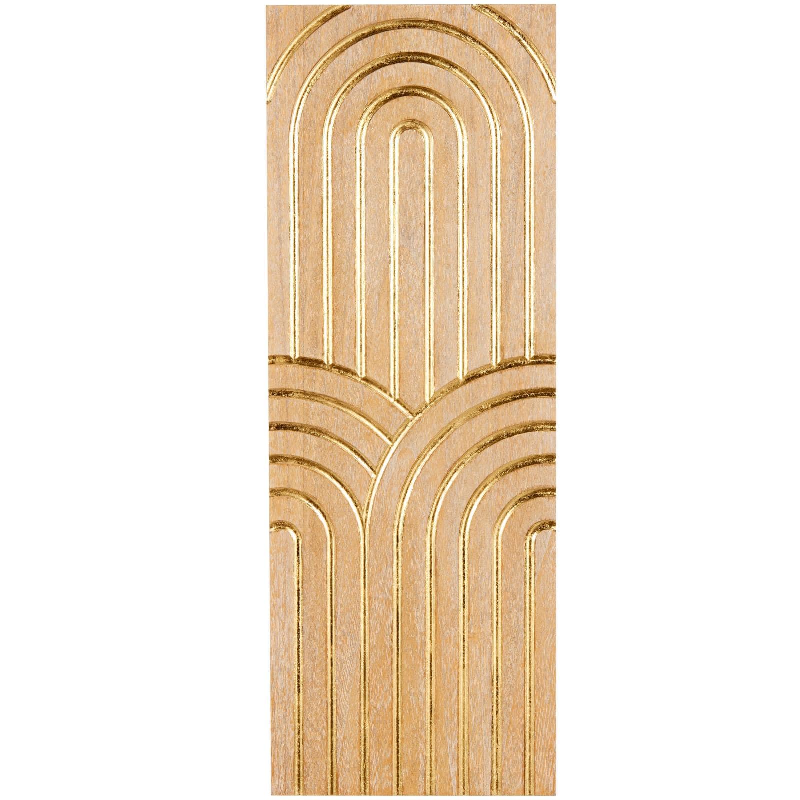 43" x 16" Light Brown Wood Geometric Panel Home Wall Décor with Overlapping Gold Arches