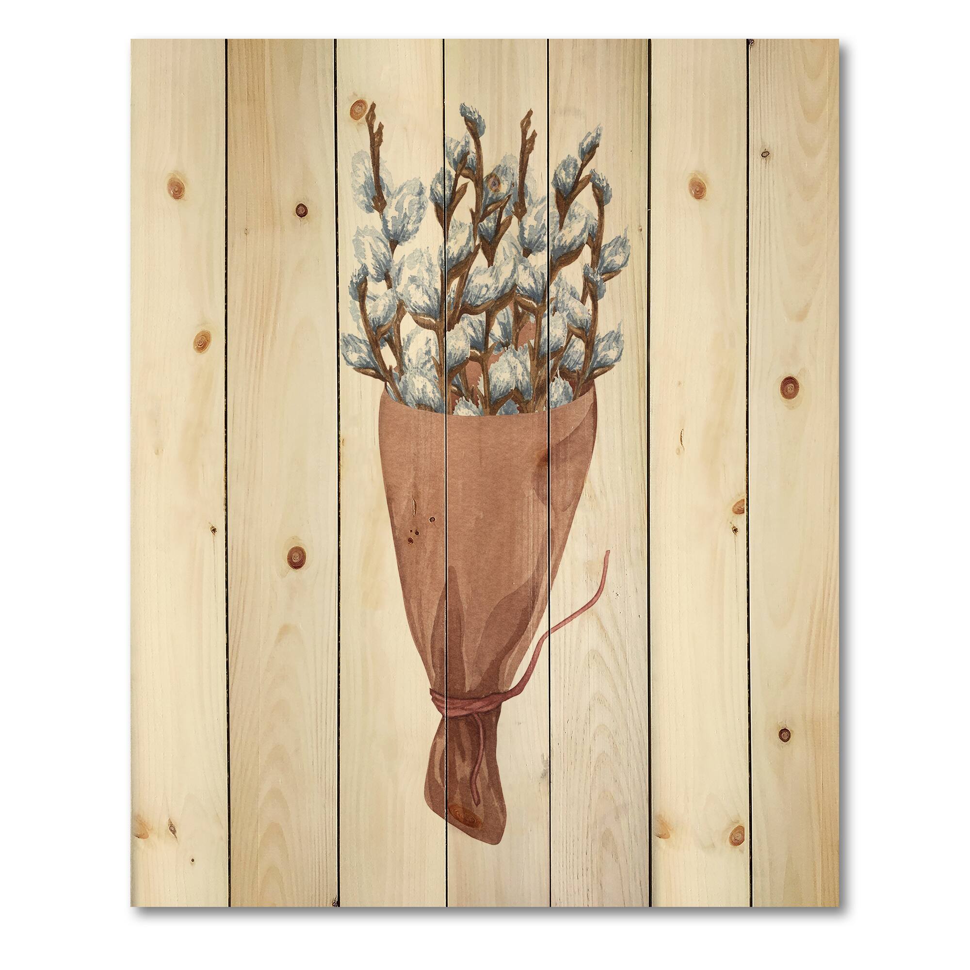 Designart - Bunch of Pussy Willow Twigs I - Farmhouse Print on Natural Pine Wood