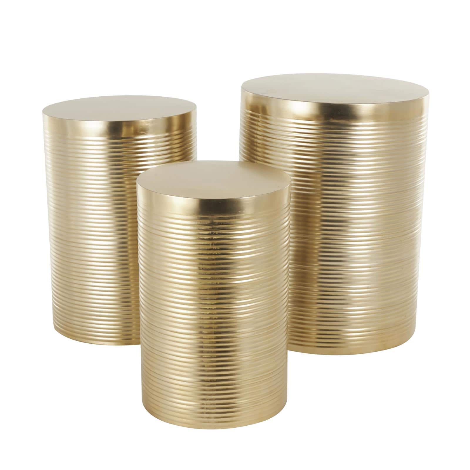 Gold Metal Metallic Ribbed Drum Accent Table Set