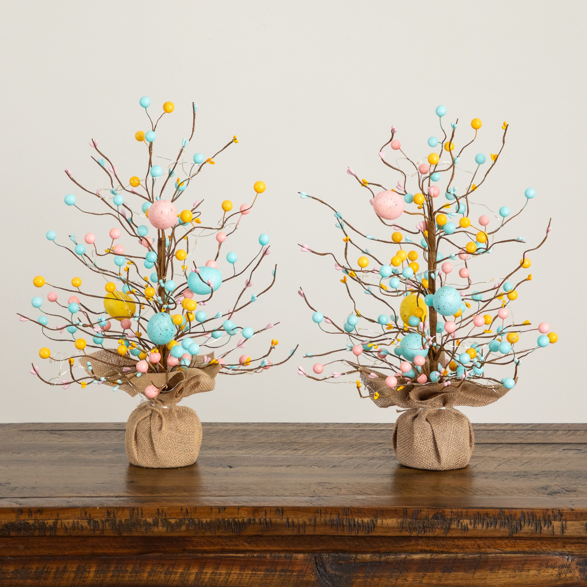 18" Pre-Lit Artificial Easter Egg Twig Tree with 30 LED Lights in Burlap Wrapped Base - Set of 2