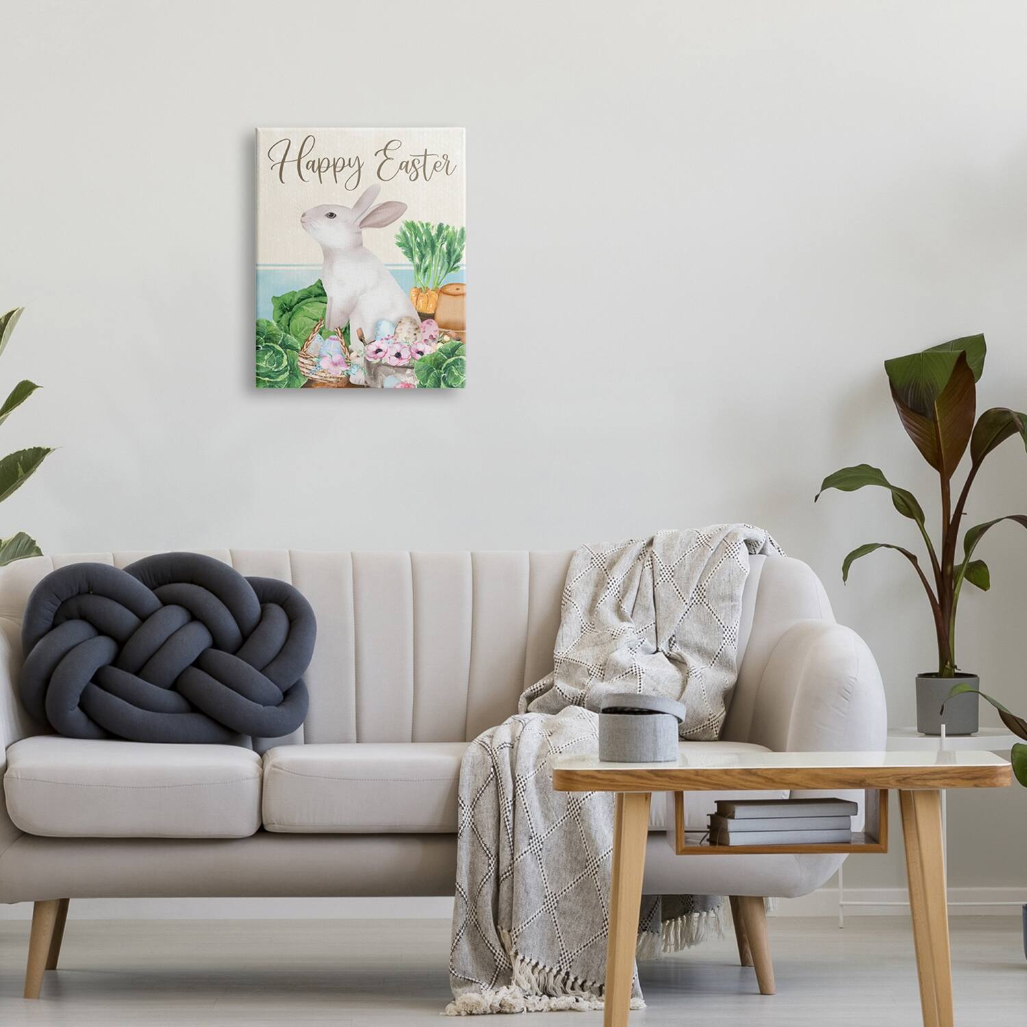 Stupell Industries Happy Easter Bunny Rabbit Greens Eggs Basket Canvas Wall Art