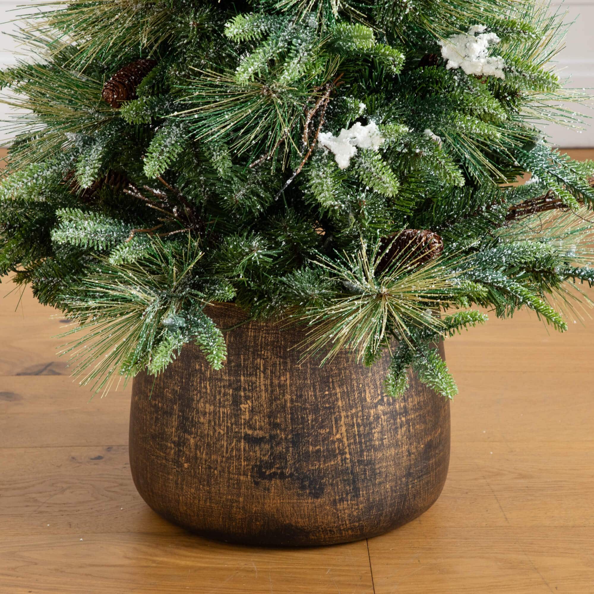 4ft. Pre-Lit Mixed Pine Snowed Artificial Christmas Tree with Pinecones in Decorative Planter, Warm White LED Lights