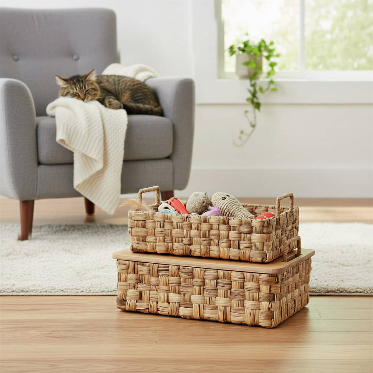 Household Essentials Stackable Hyacinth Basket Set with Oak Lids