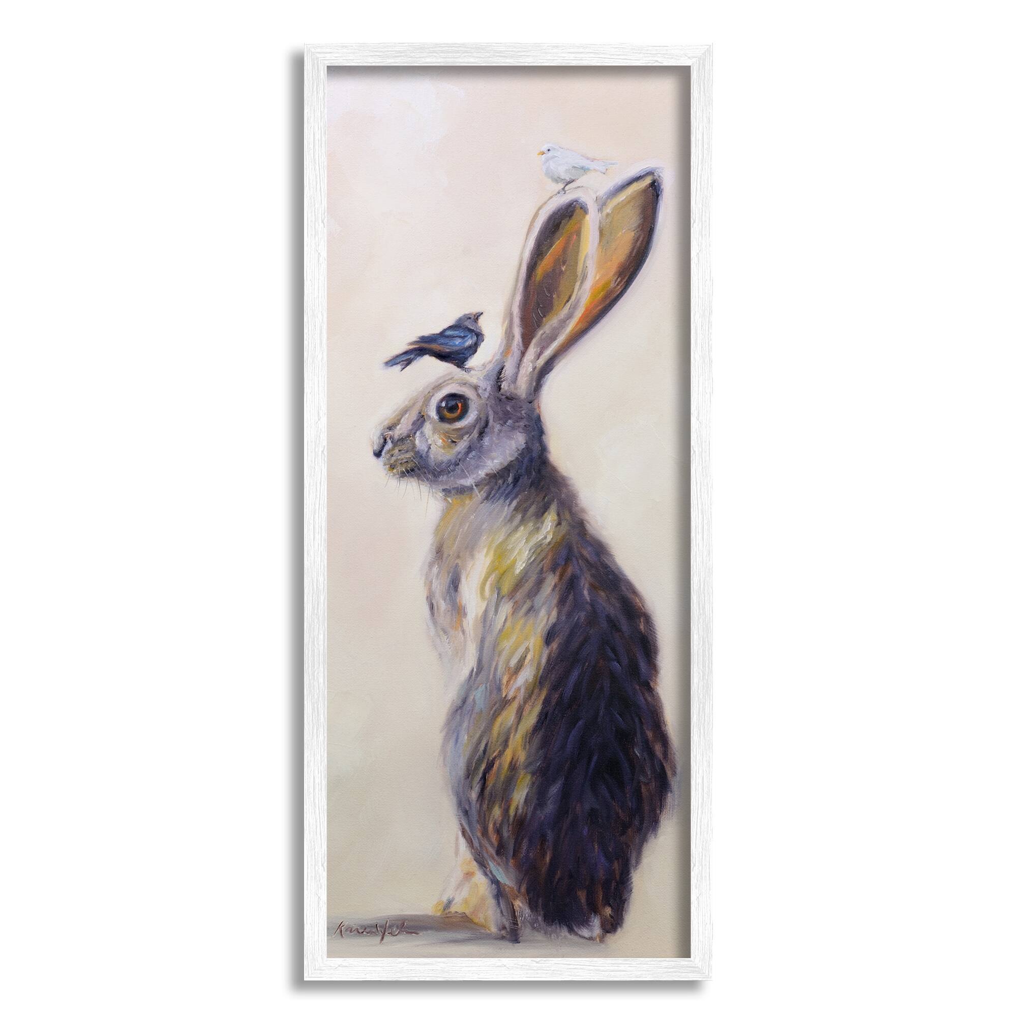 Stupell Industries Minimal Woodland Rabbit with Perched Birds Painting in White Frame Wall Art