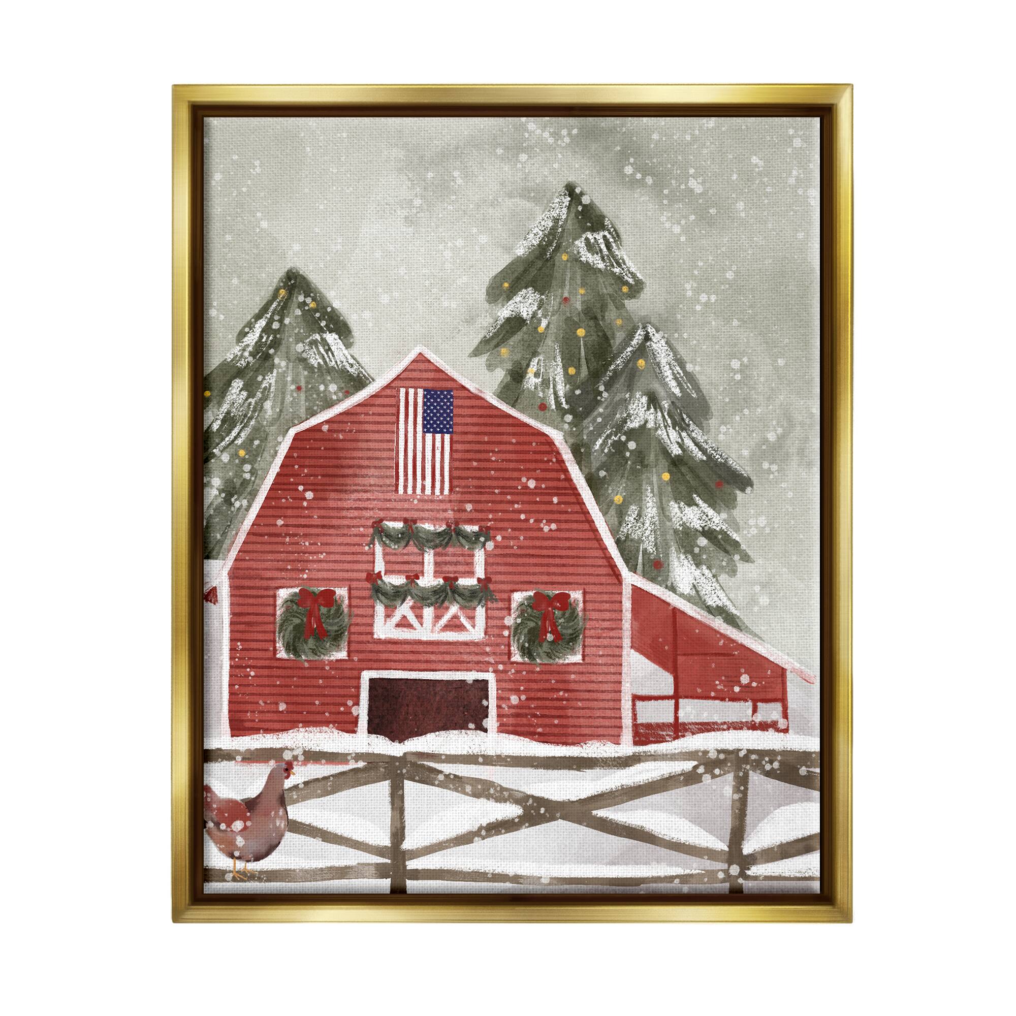 Stupell Industries Americana Barn Holiday Snow Scene Framed Floater Canvas Wall Art
