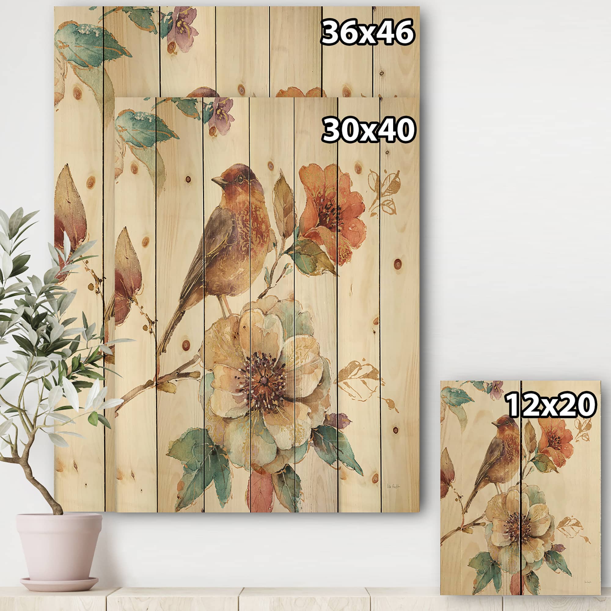 Designart - Farmhouse Bird on Flower Branch - Traditional Print on Natural Pine Wood