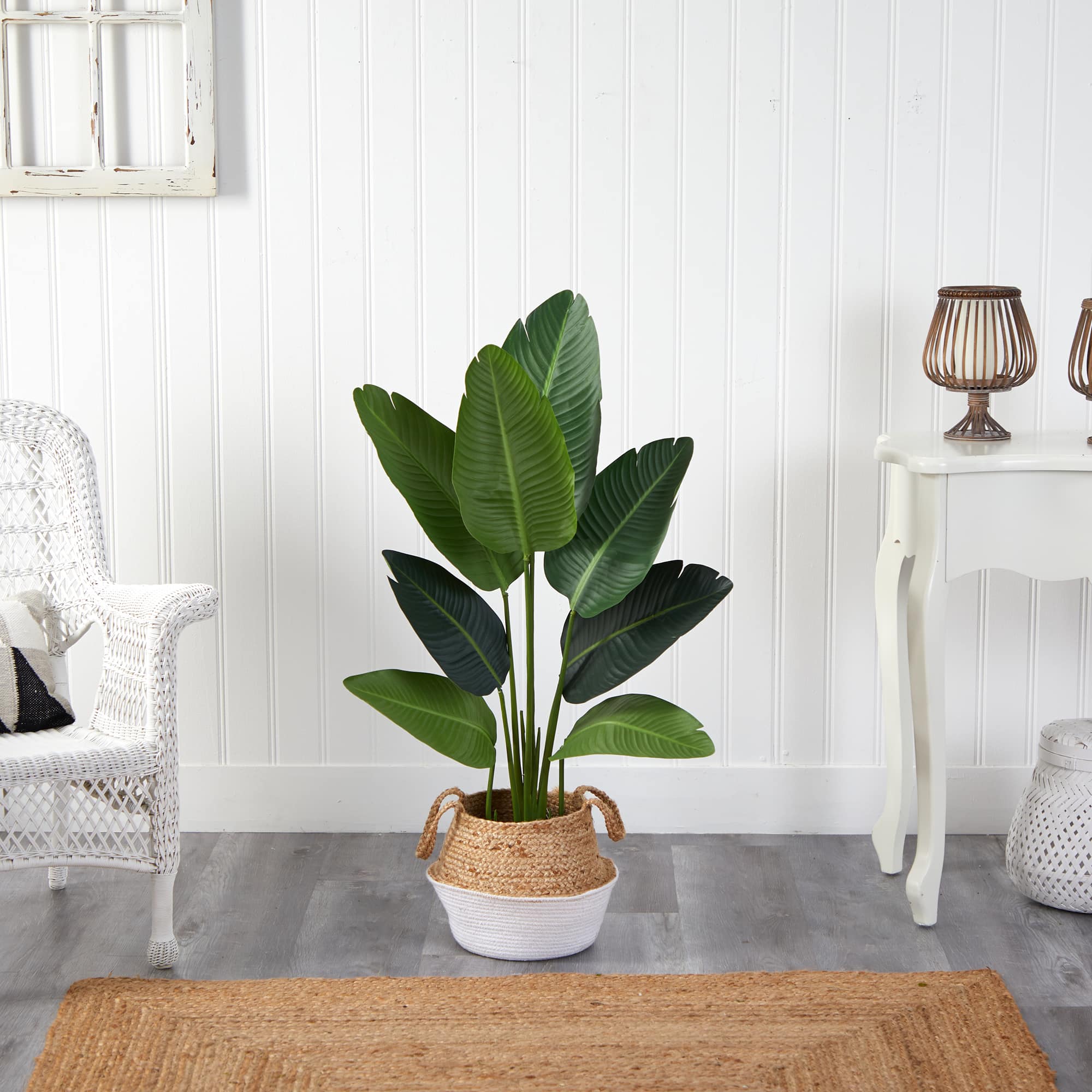 4ft. Travelers Palm Artificial Tree in Boho Chic Handmade Cotton & Jute White Woven Planter