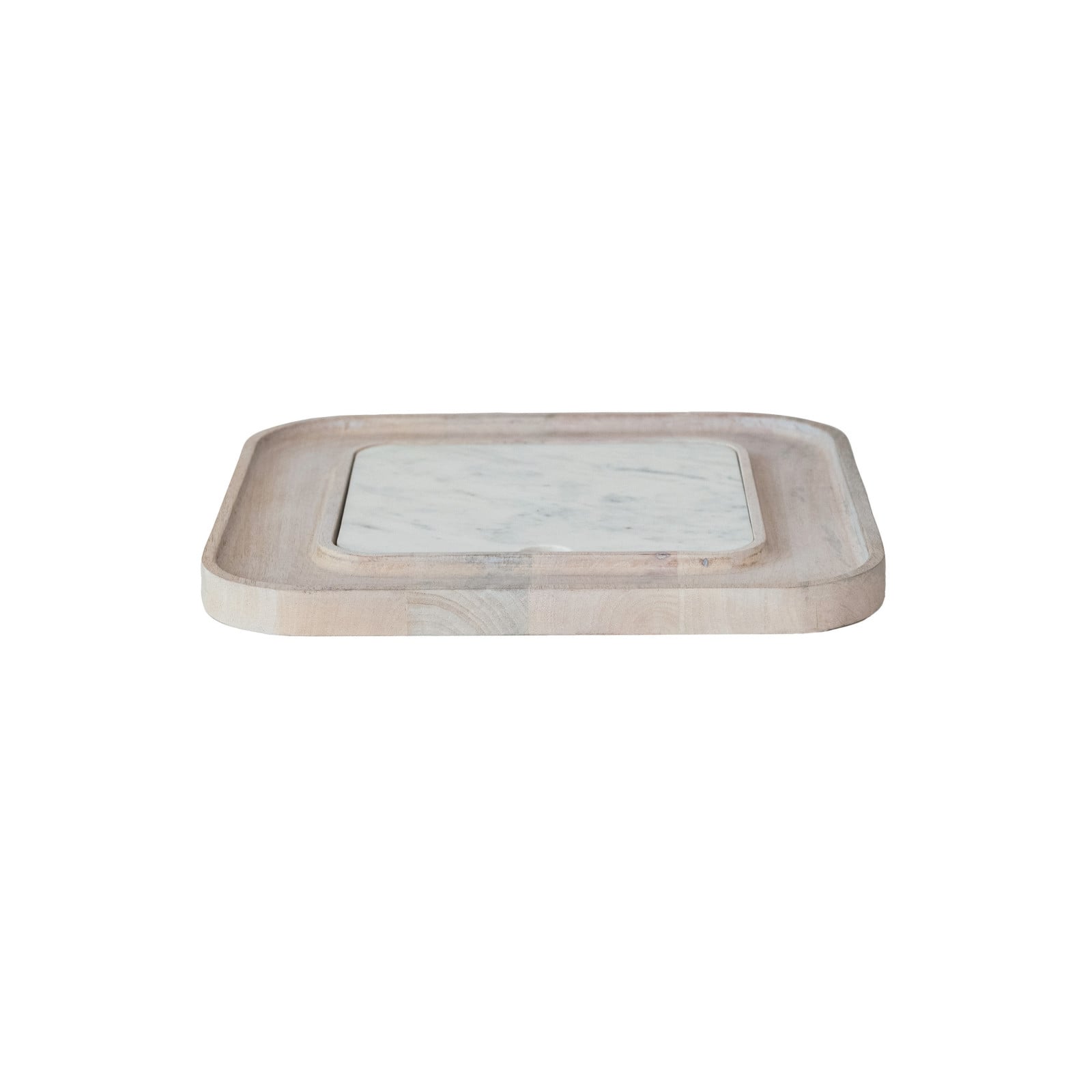 Hello Honey® 13.5" White Marble & Wood Cutting Board on a Dish